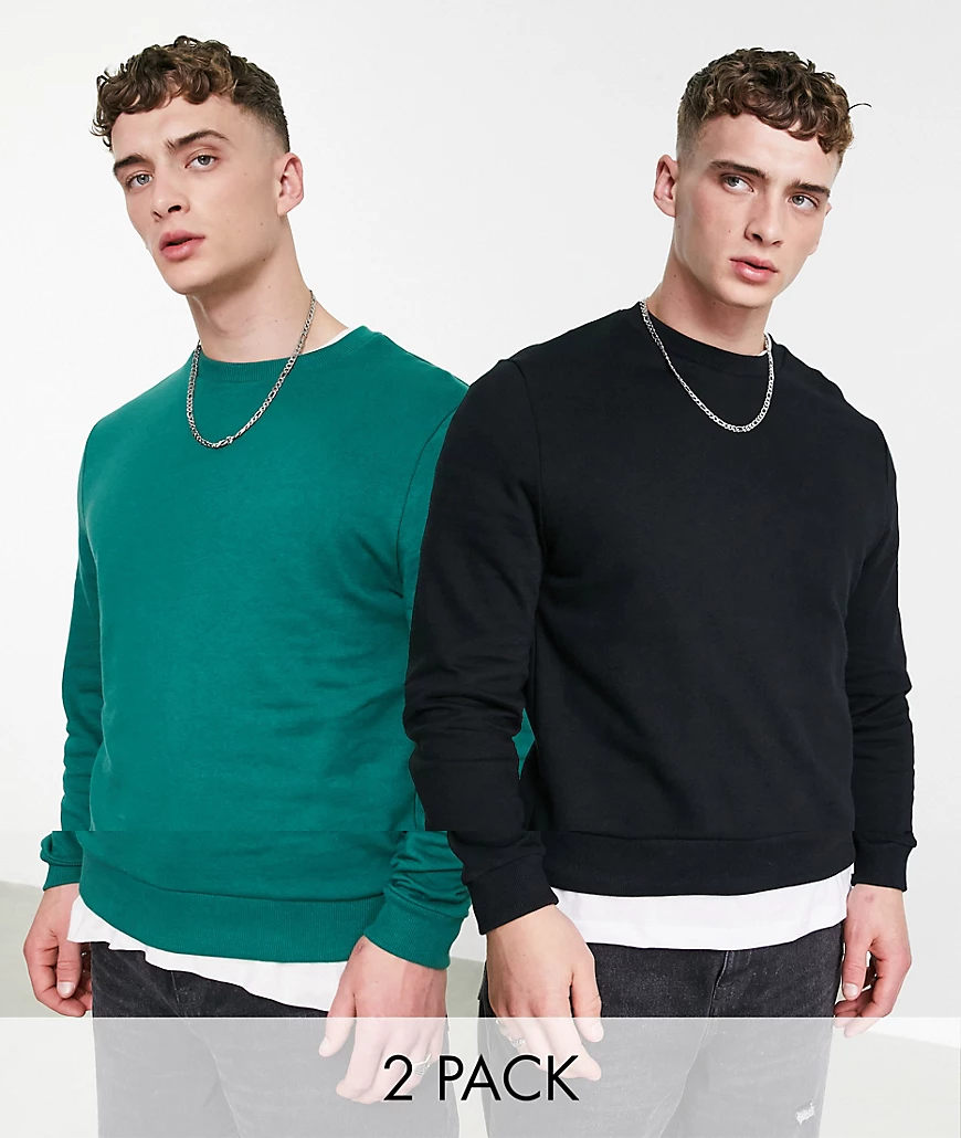 ASOS DESIGN – 2er-Pack Sweatshirts in Grün/Schwarz-Mehrfarbig günstig online kaufen