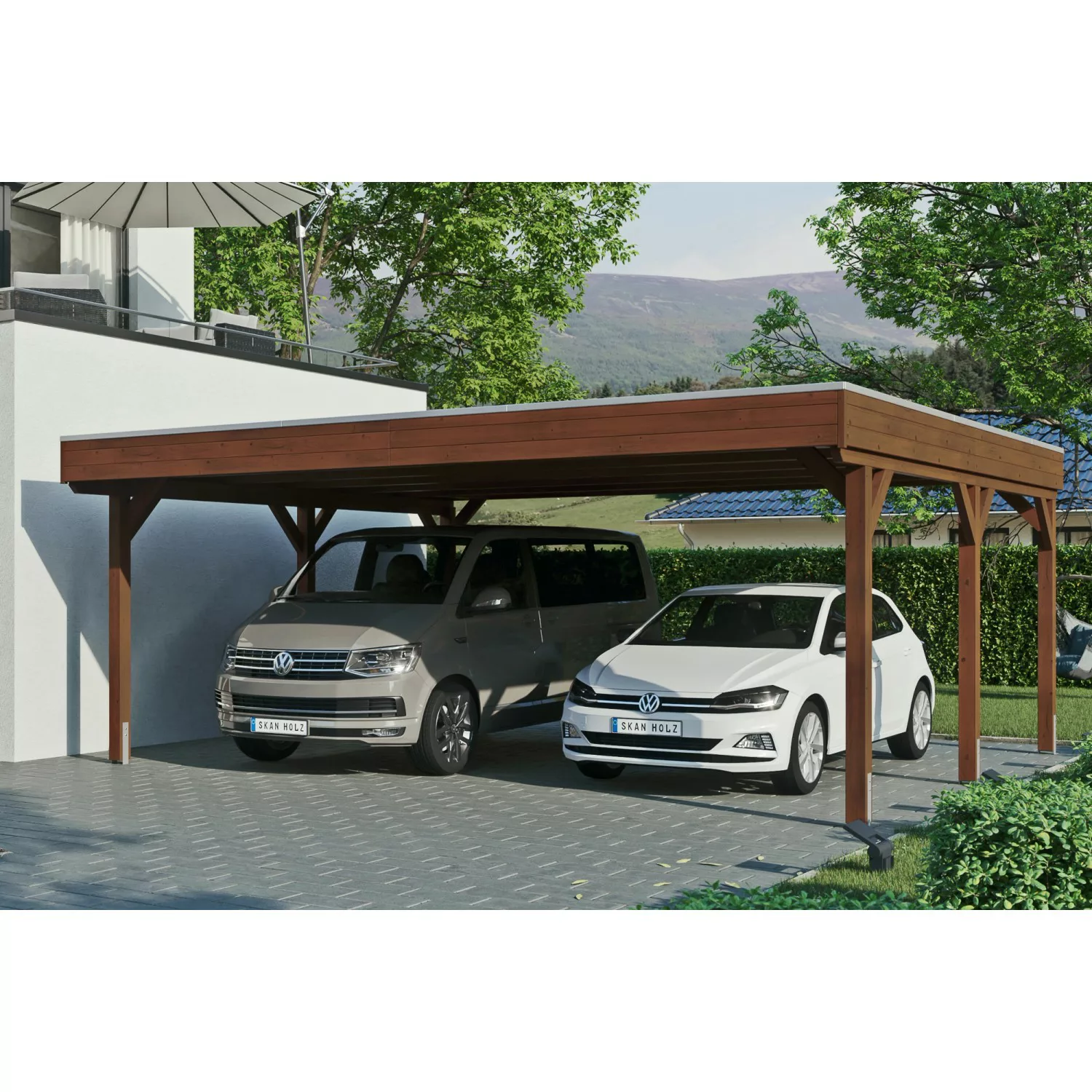 Skan Holz Carport Grunewald 622 cm x 554 cm mit EPDM-Dach Nussbaum günstig online kaufen