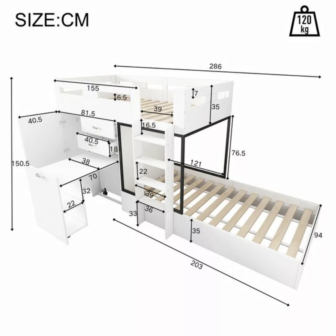 Flieks Etagenbett, Kinderbett 90x200cm mit ausziehbarem Tisch, Garderobe, g günstig online kaufen