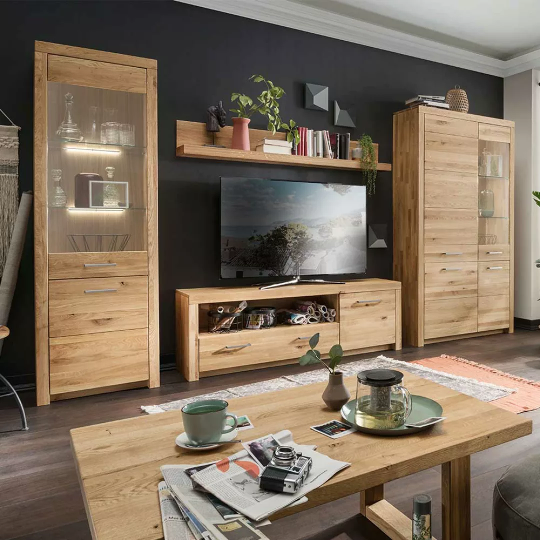 Wohnzimmerwand modern aus Wildeiche Massivholz geölt (vierteilig) günstig online kaufen