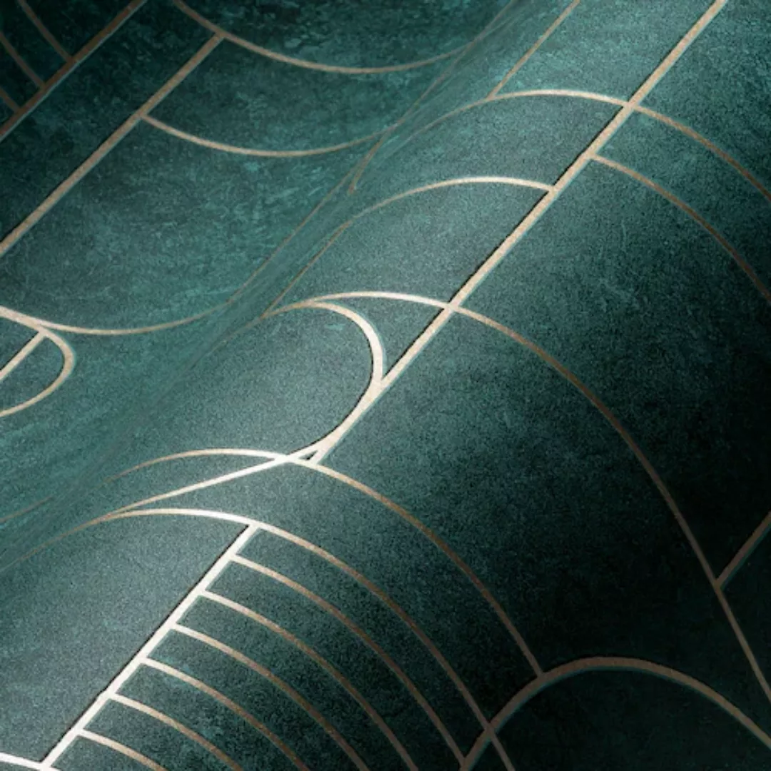 Bricoflor Tapete im Art Déco Stil Grün Gold 20er Jahre Vliestapete Geometri günstig online kaufen
