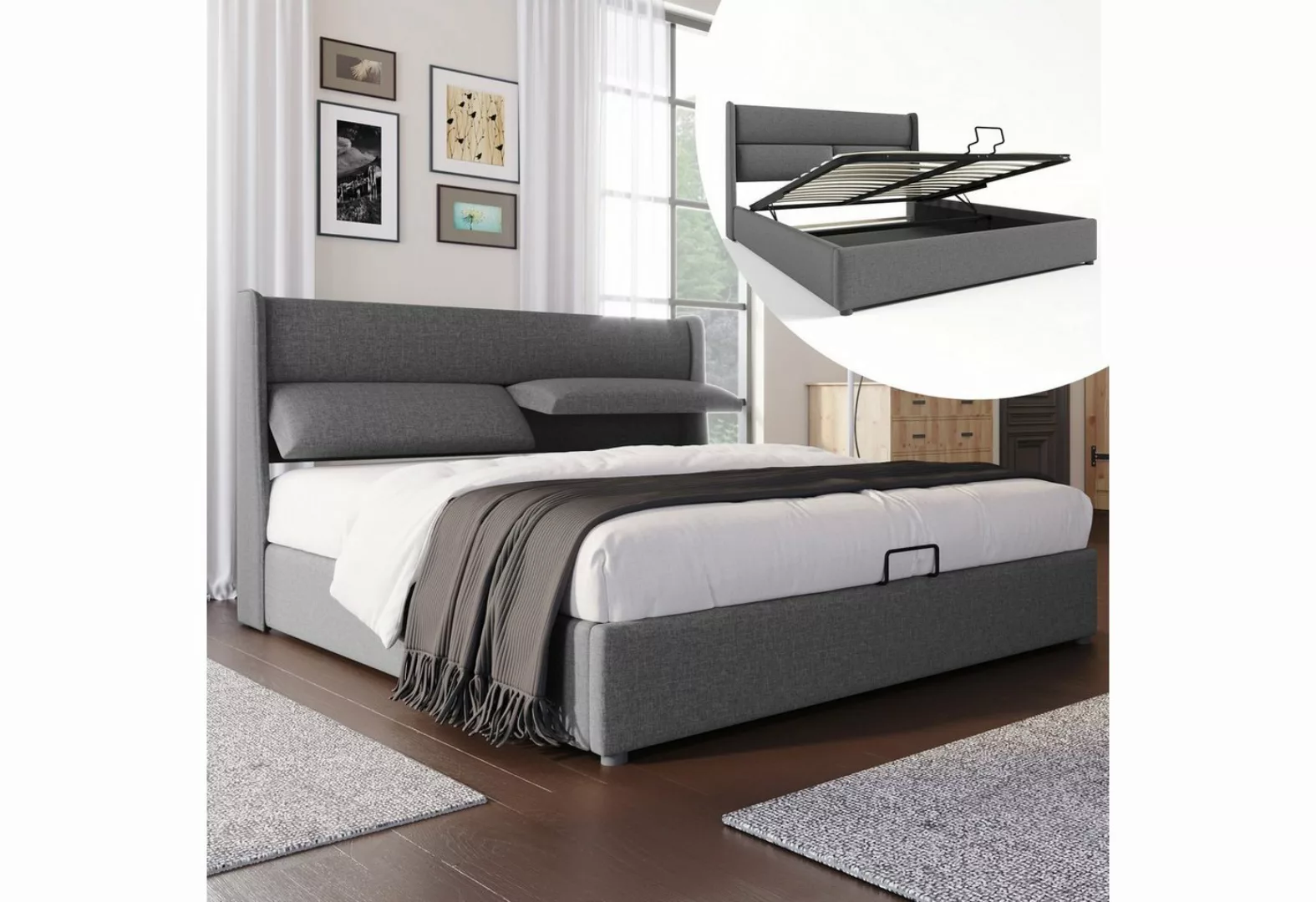 BlingBin Polsterbett Doppelbett mit Verstellbare Kopfstützen Grau (mit latt günstig online kaufen