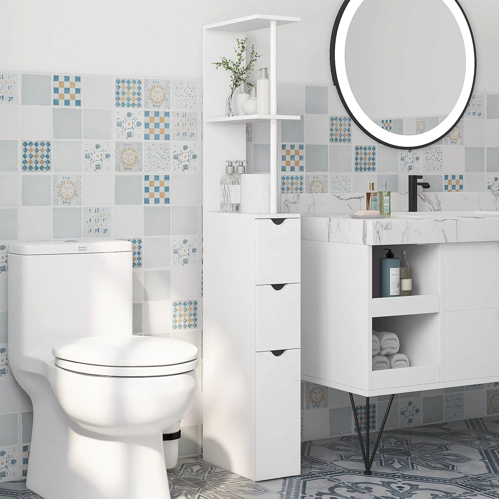HOMCOM Badezimmerschrank, Badezimmerschrank, mit Schubladen, offenen Regale günstig online kaufen