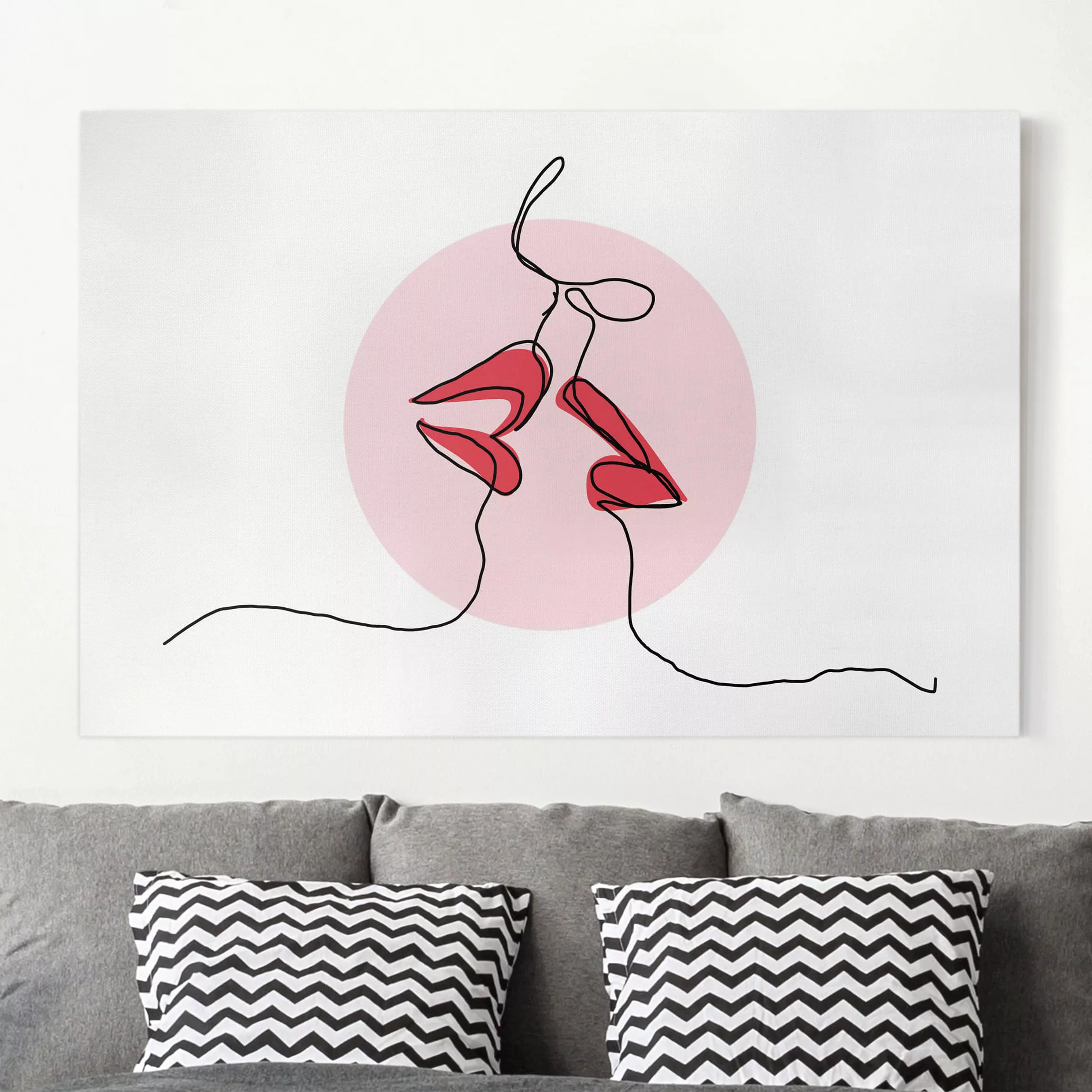 Leinwandbild - Querformat Lippen Kuss Line Art günstig online kaufen