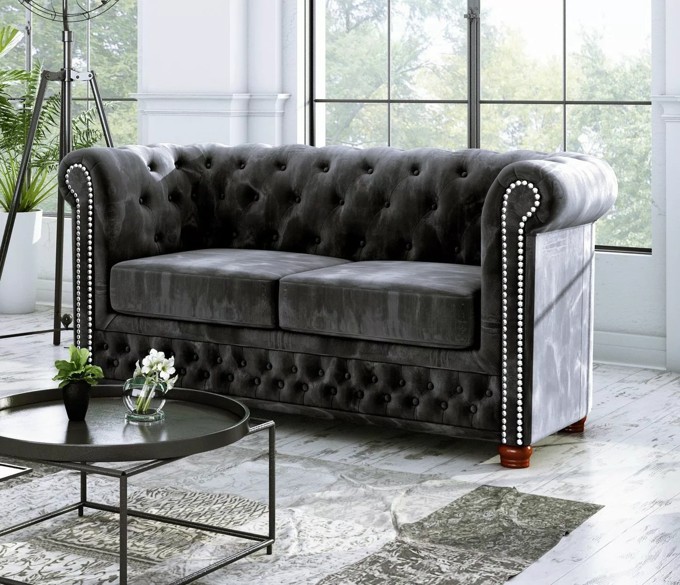 S-Style Möbel Chesterfield-Sofa Leeds 2-Sitzer aus Samt-Stoff mit Holzfüßen günstig online kaufen