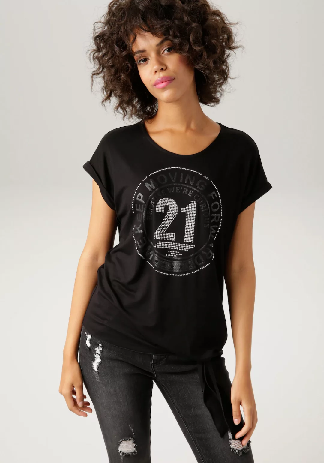 Aniston CASUAL T-Shirt, mit silberfarbenen Glitzersteinchen und Frontdruck günstig online kaufen