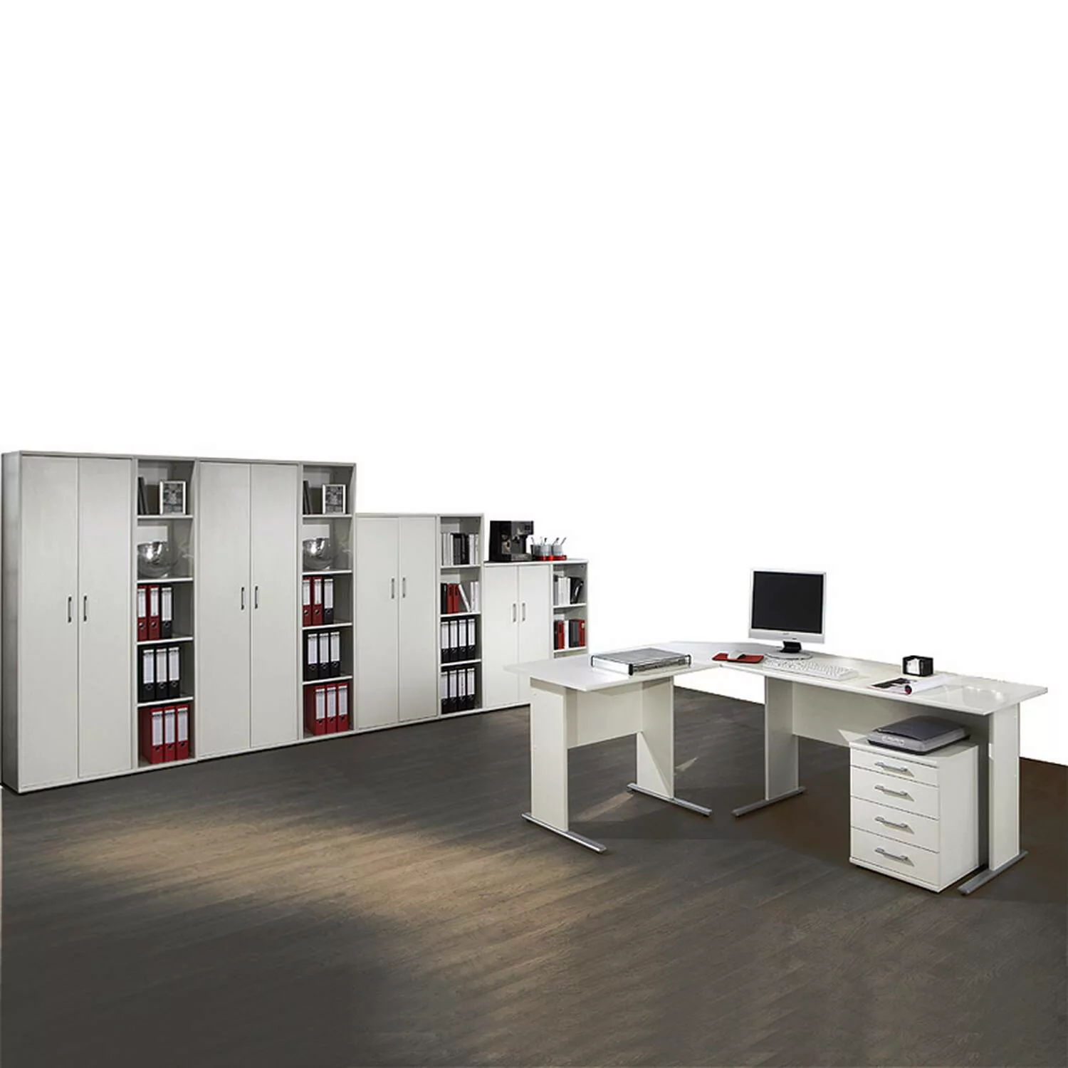 Büromöbel Set weiß STETTIN-16, Eckschreibtisch mit Container, 4 Aktenschrän günstig online kaufen