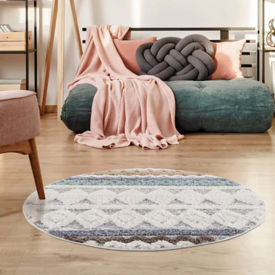 Carpet City Hochflor-Teppich »Focus 3013«, rund, Boho-Teppich, Rauten-Desig günstig online kaufen