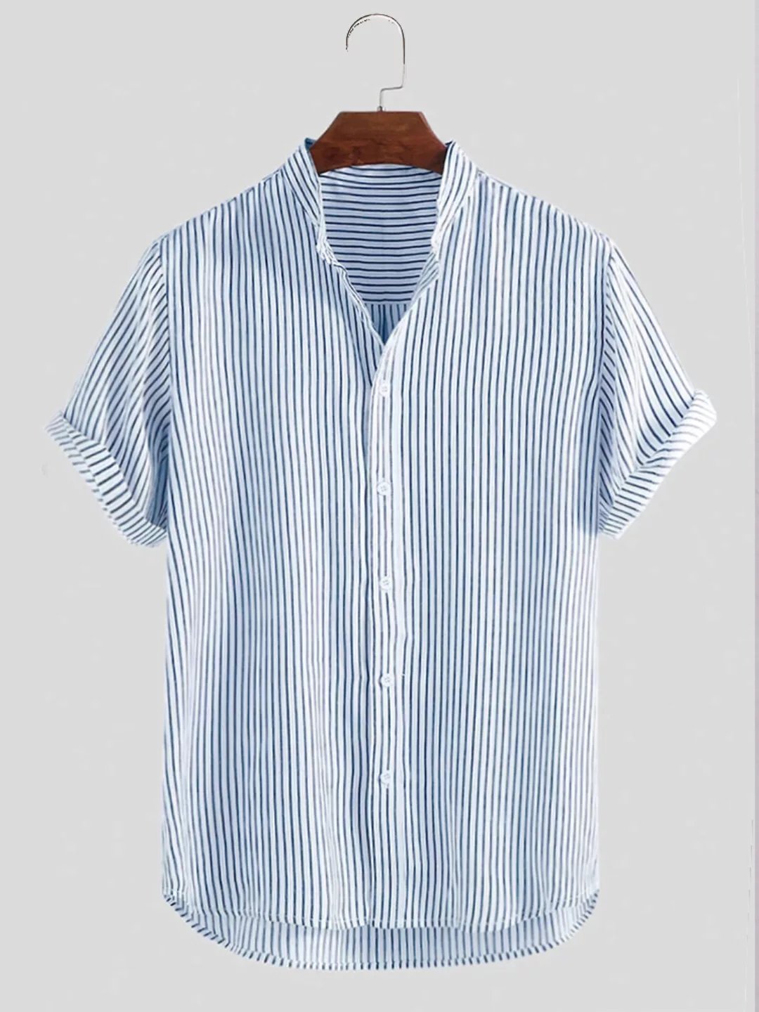 Herren gestreifte atmungsaktive Stehkragen Kurzarm Casual Loose Shirts günstig online kaufen