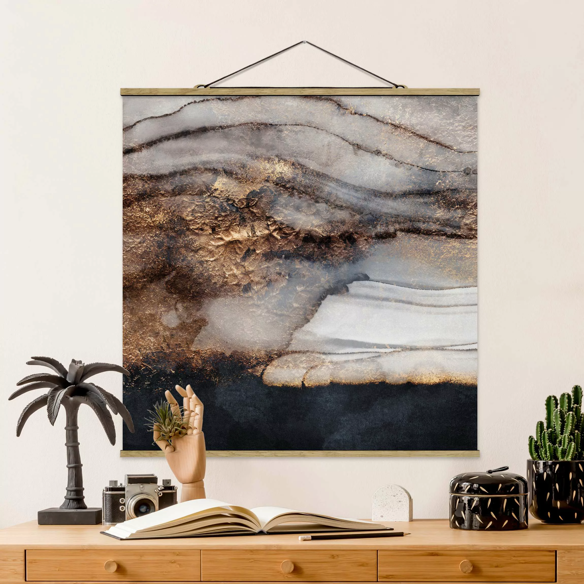 Stoffbild Abstrakt mit Posterleisten - Quadrat Goldener Marmor gemalt günstig online kaufen