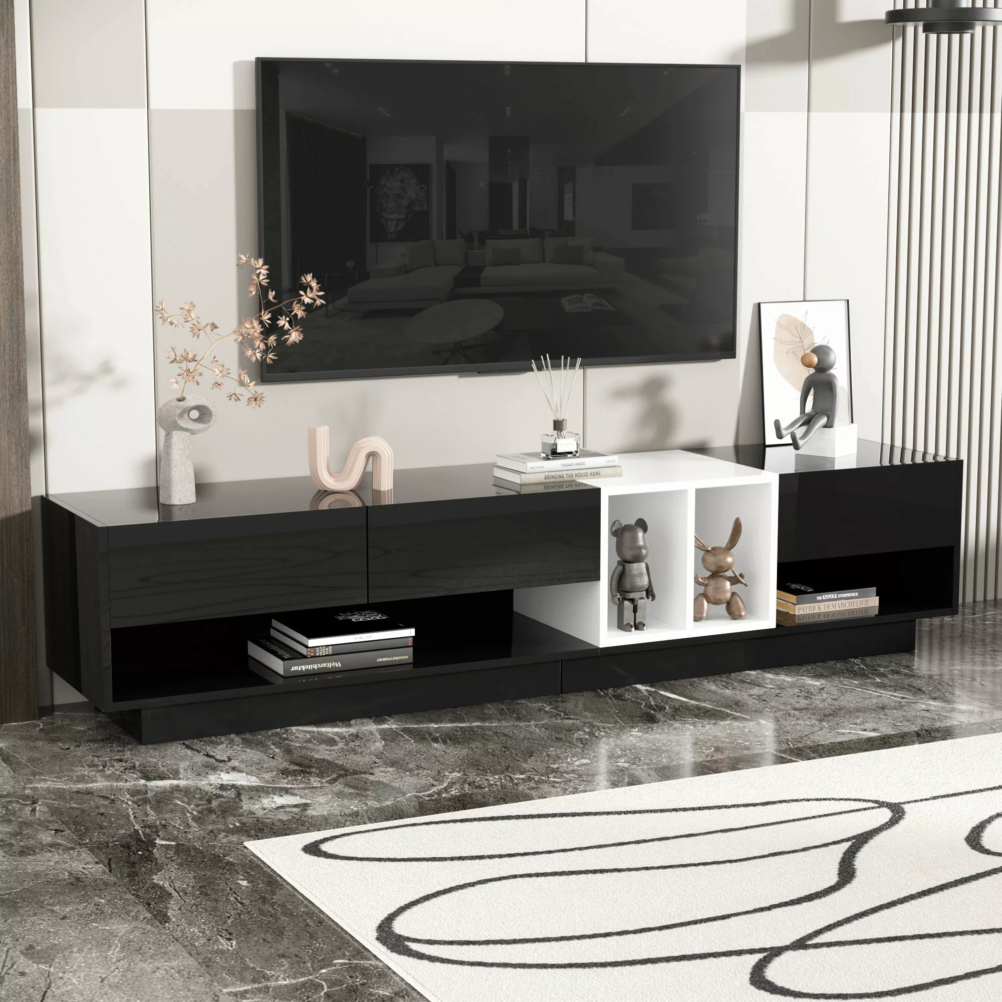 TV-Schrank Hochglanz mit Schubladen und Fächern, Modernes Design und Viel S günstig online kaufen