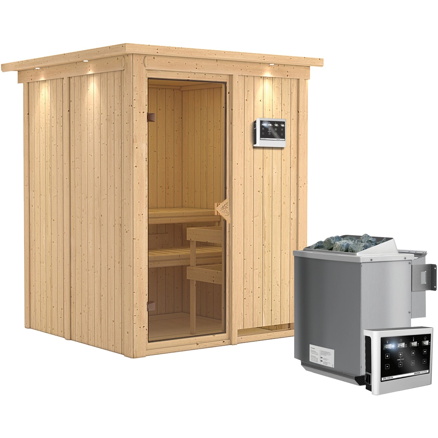 Karibu Sauna-Set Norna inkl. Bio-Ofen 9 kW mit ext. Steuerung, Dachkranz günstig online kaufen