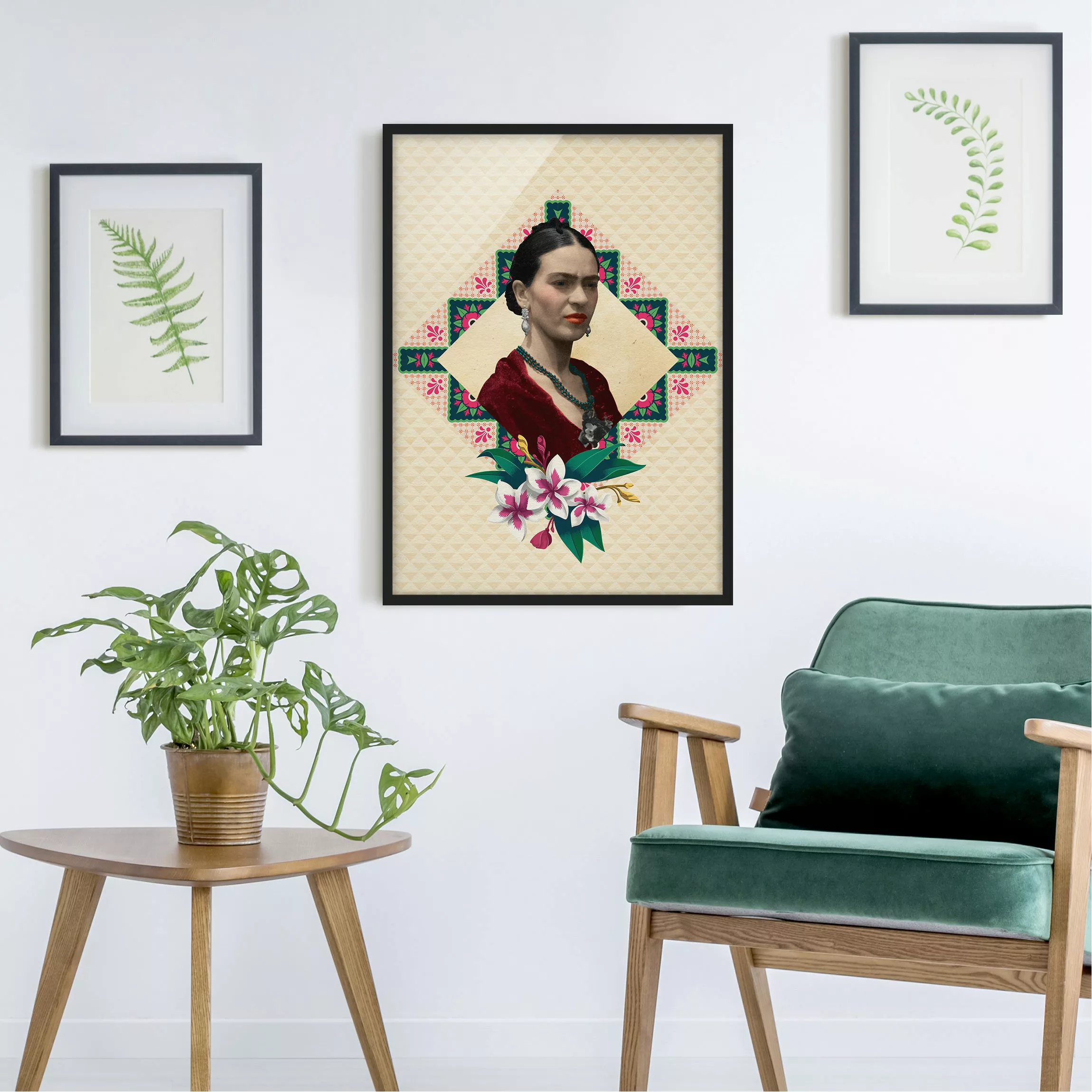 Bild mit Rahmen Kinderzimmer - Hochformat Frida Kahlo - Blumen und Geometri günstig online kaufen