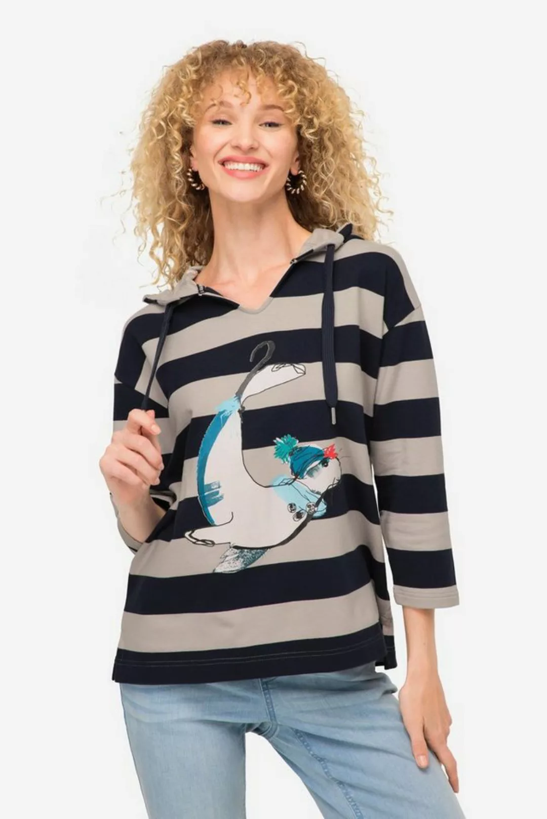 Laurasøn Sweatshirt Hoodie Ringel Robben-Print Kapuze 3/4-Ärmel günstig online kaufen