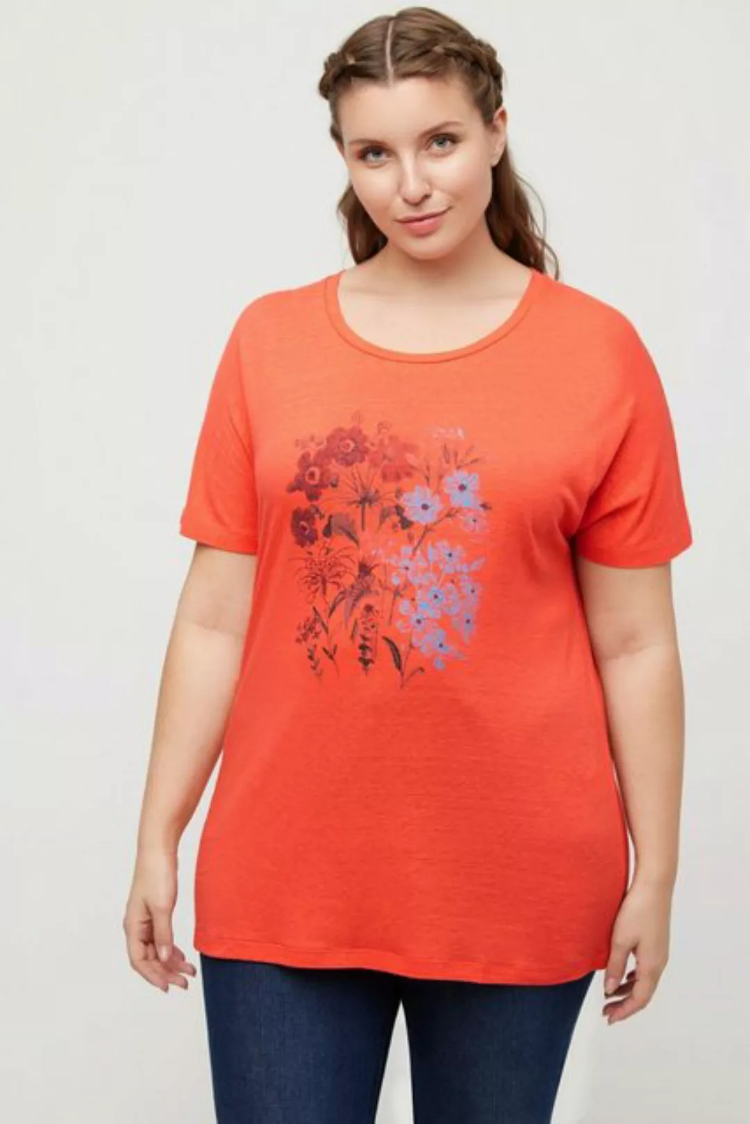 Ulla Popken Rundhalsshirt Shirt Blüten Oversized Rundhals Leinenmix günstig online kaufen