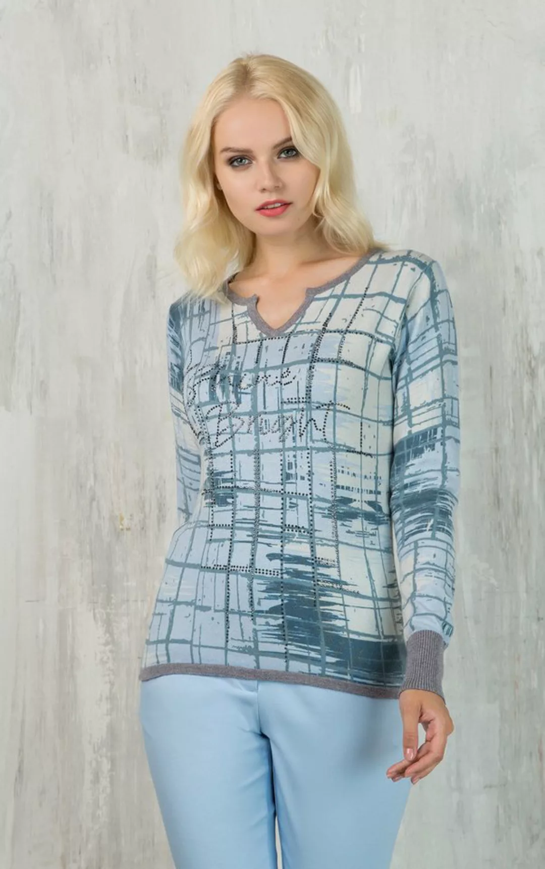 Passioni Strickpullover mit rundem V-Ausschnitt und abstraktem Druck günstig online kaufen