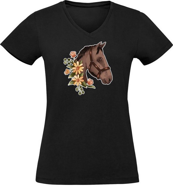 MyDesign24 T-Shirt Damen Pferde Print Shirt - Dunkelbraunes Pferd mit Blume günstig online kaufen