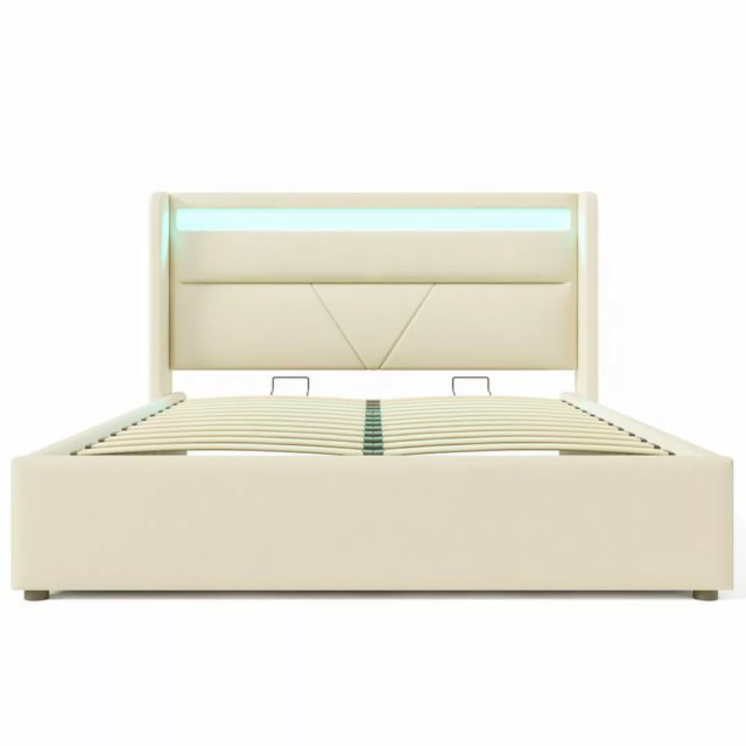 Gotagee Polsterbett Hydraulisch Doppelbett LED+Stauraum Weiß/Grau Jugendbet günstig online kaufen