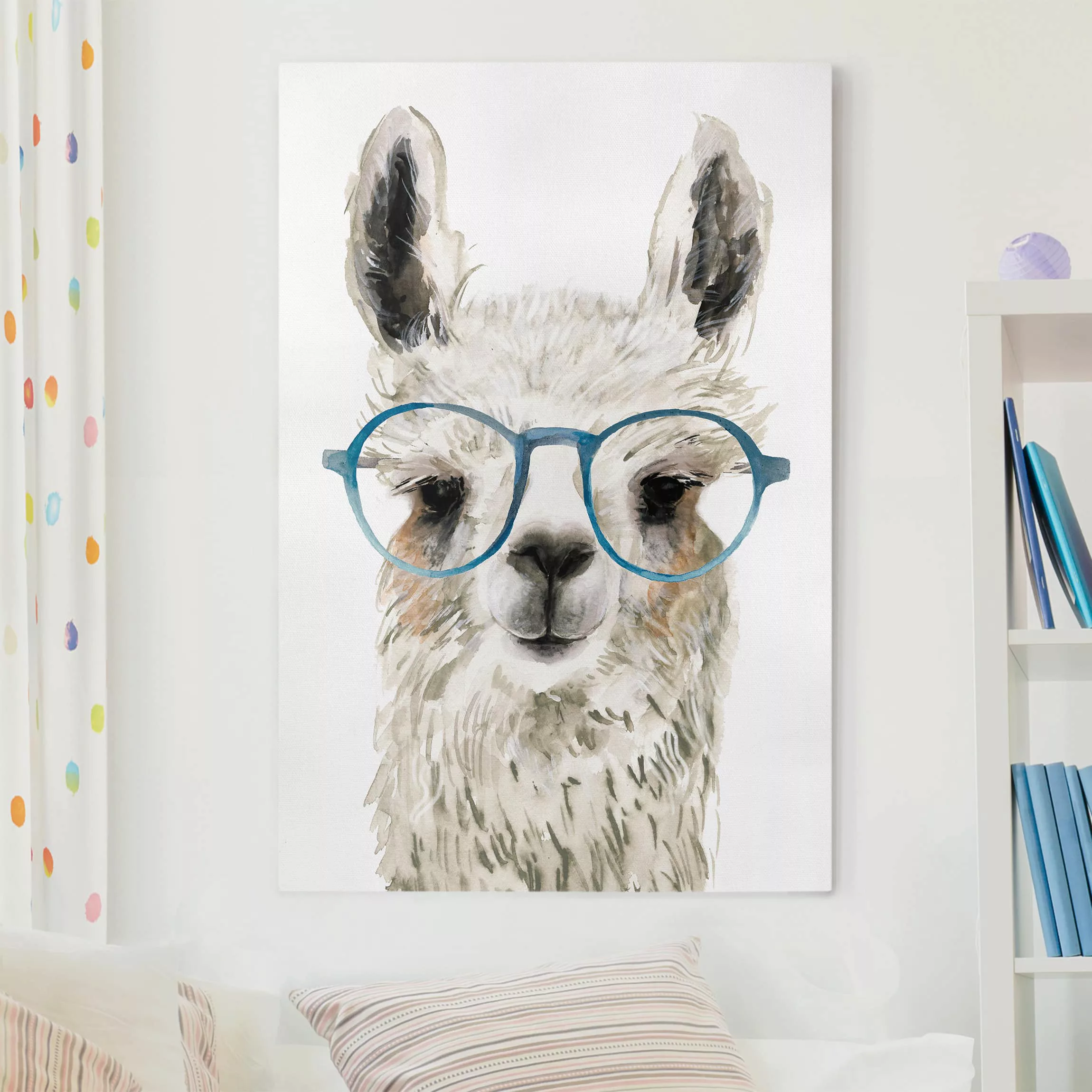 Leinwandbild Kinderzimmer - Hochformat Hippes Lama mit Brille III günstig online kaufen
