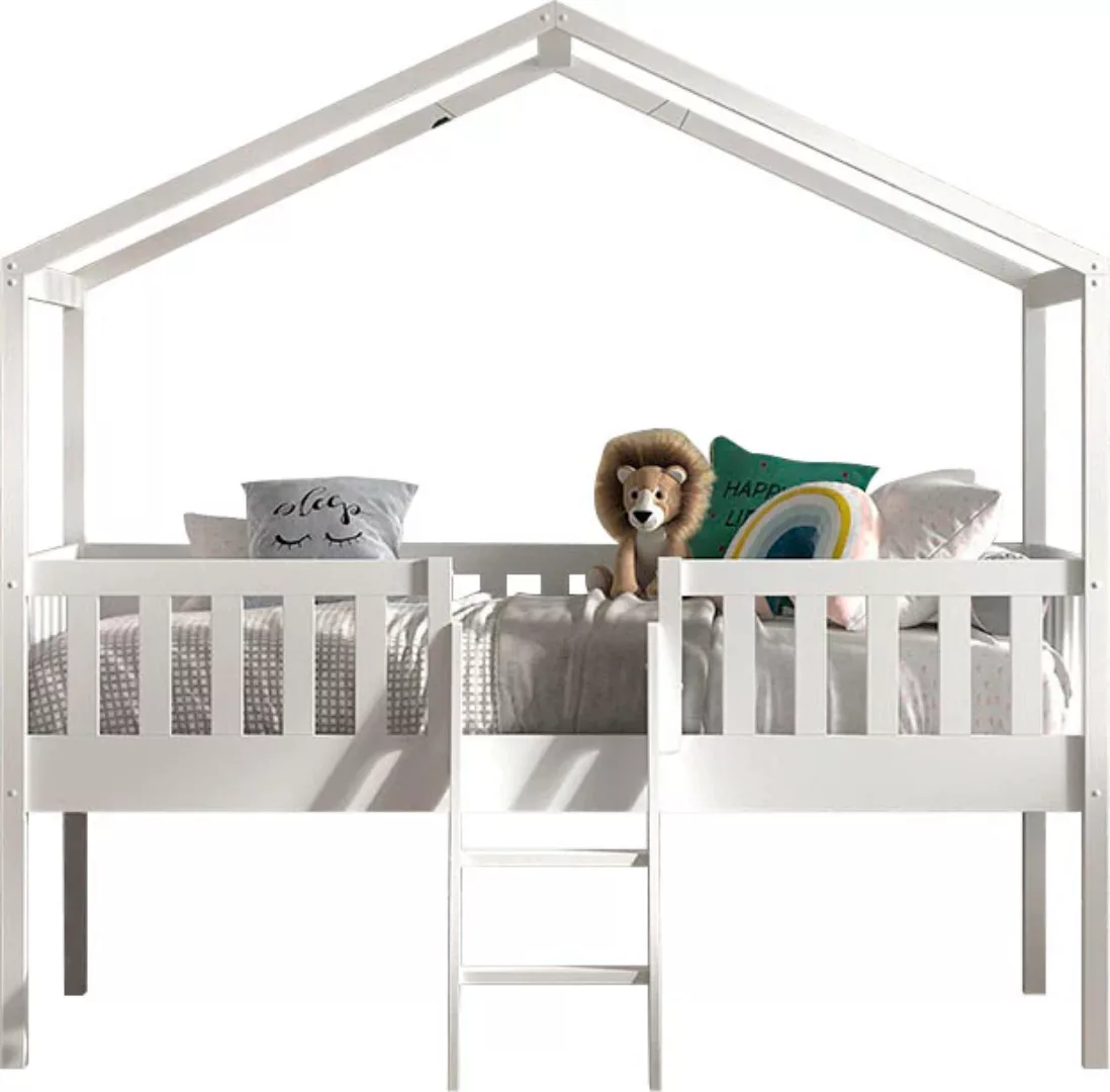 Natur24 Kinderbett Hochbett Dallas 90x200 Kiefer Weiß lackiert inkl. Rollro günstig online kaufen