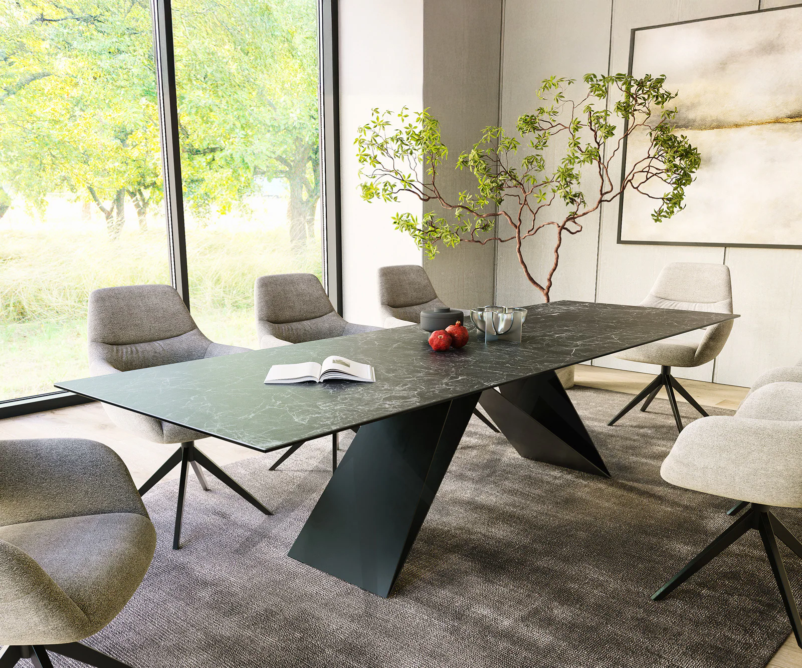 Esstisch Edge 300x100cm Keramik Laminam®Nero Greco Anthrazit V-Mittelfuß Sc günstig online kaufen
