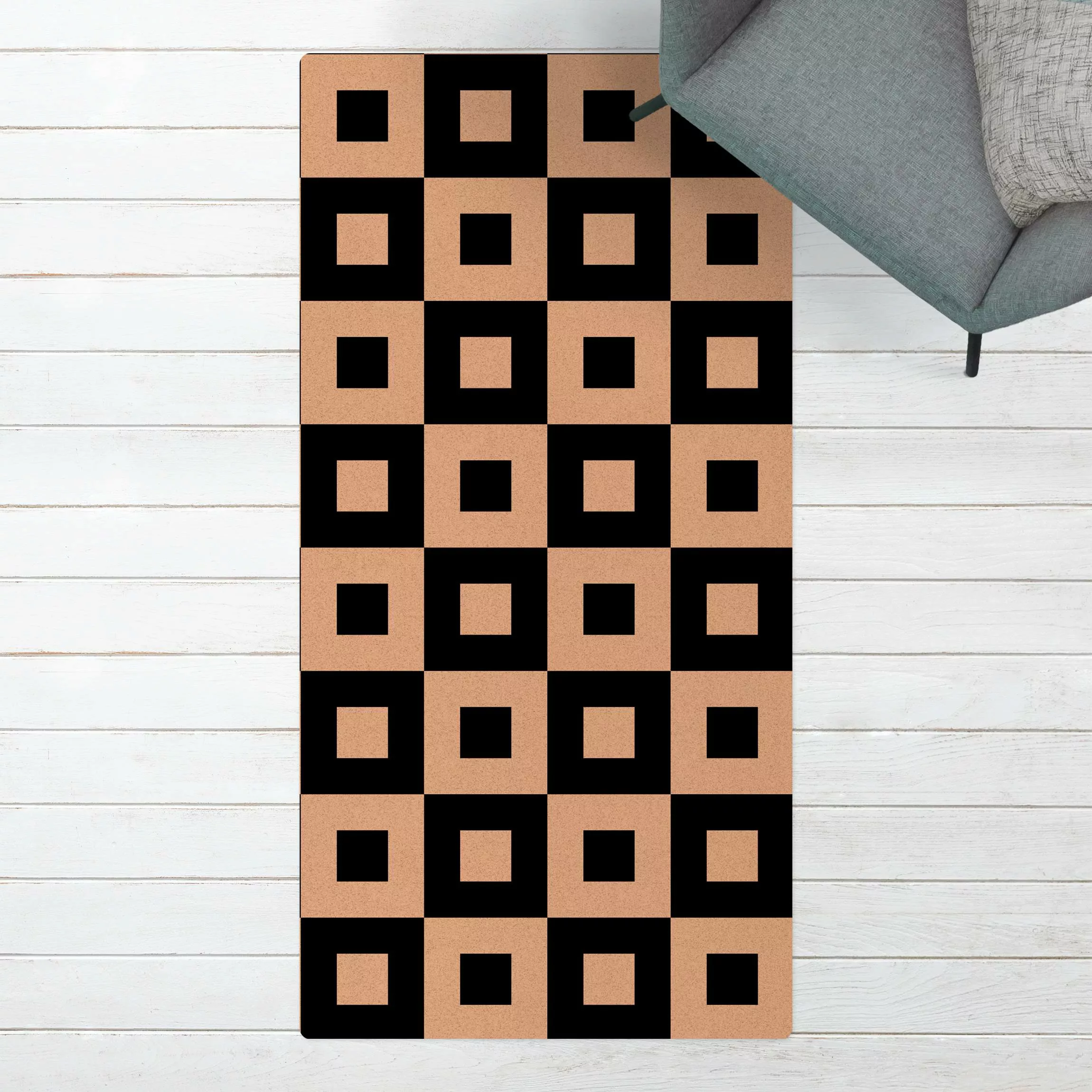Kork-Teppich Geometrisches Muster aus Schwarz Weißen Quadraten günstig online kaufen