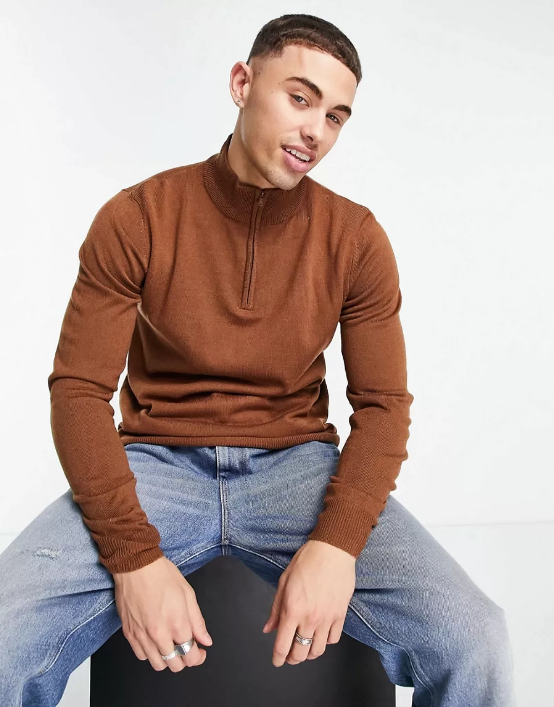 Threadbare – Weicher Pullover mit Stehkragen und kurzem Reißverschluss in R günstig online kaufen