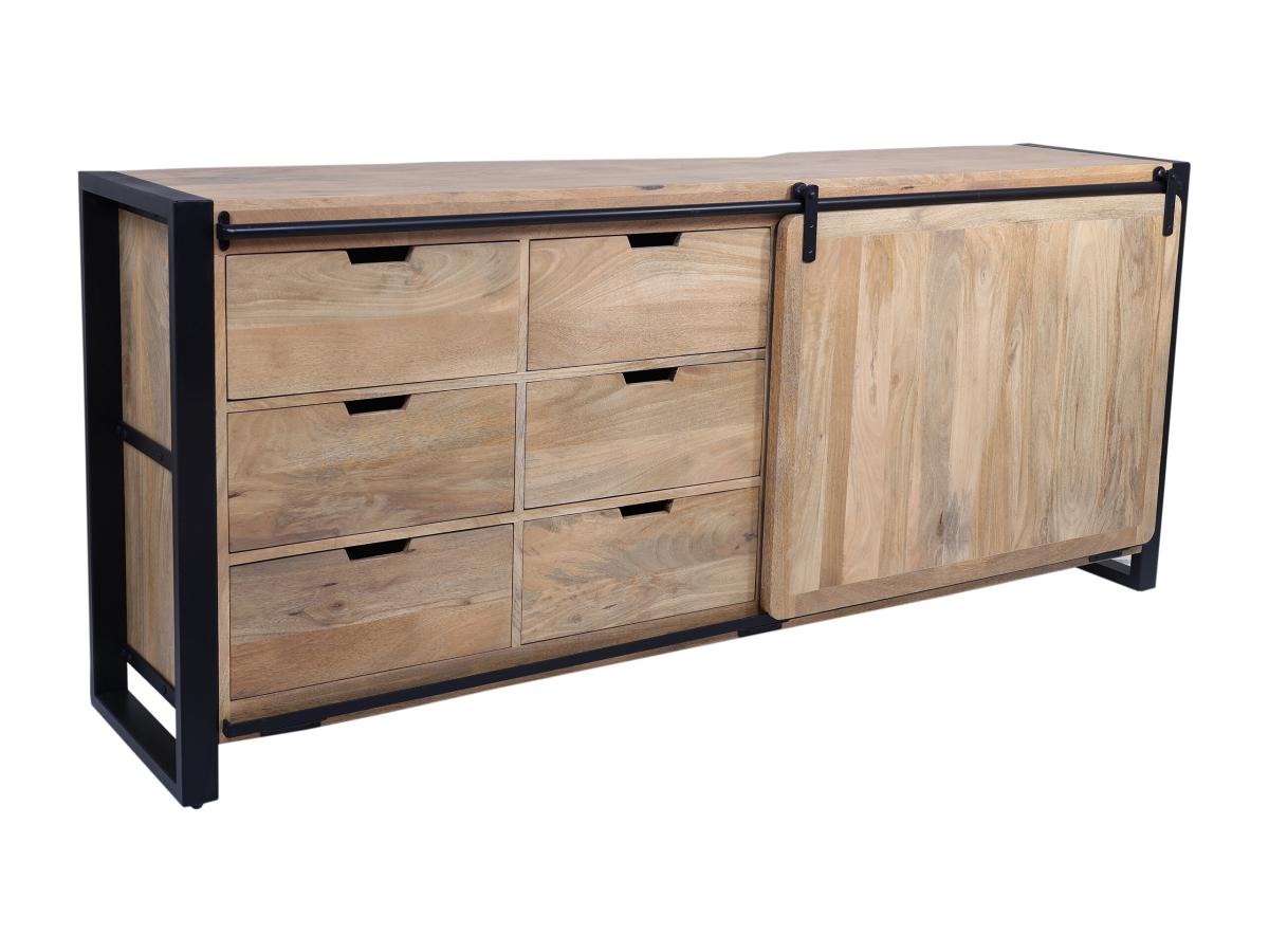 Sideboard mit 1 Tür & 6 Schubladen - Mangoholz & Metall - Holzfarben & Schw günstig online kaufen