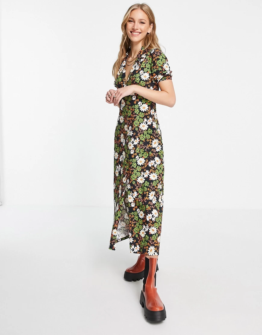 ASOS DESIGN – Ultimate – Midi-Freizeitkleid mit schwarzem Blumendruck und K günstig online kaufen