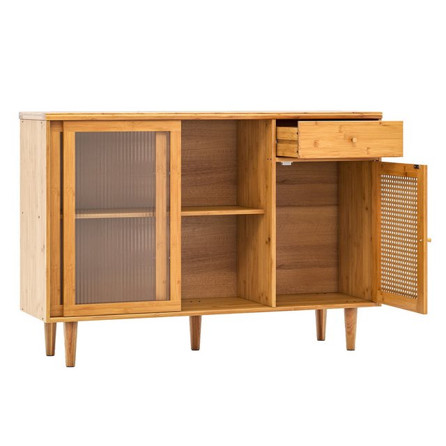 COSTWAY Küchenbuffet mit Glas Schiebetür, Rattantür & Schublade 120x35x83cm günstig online kaufen