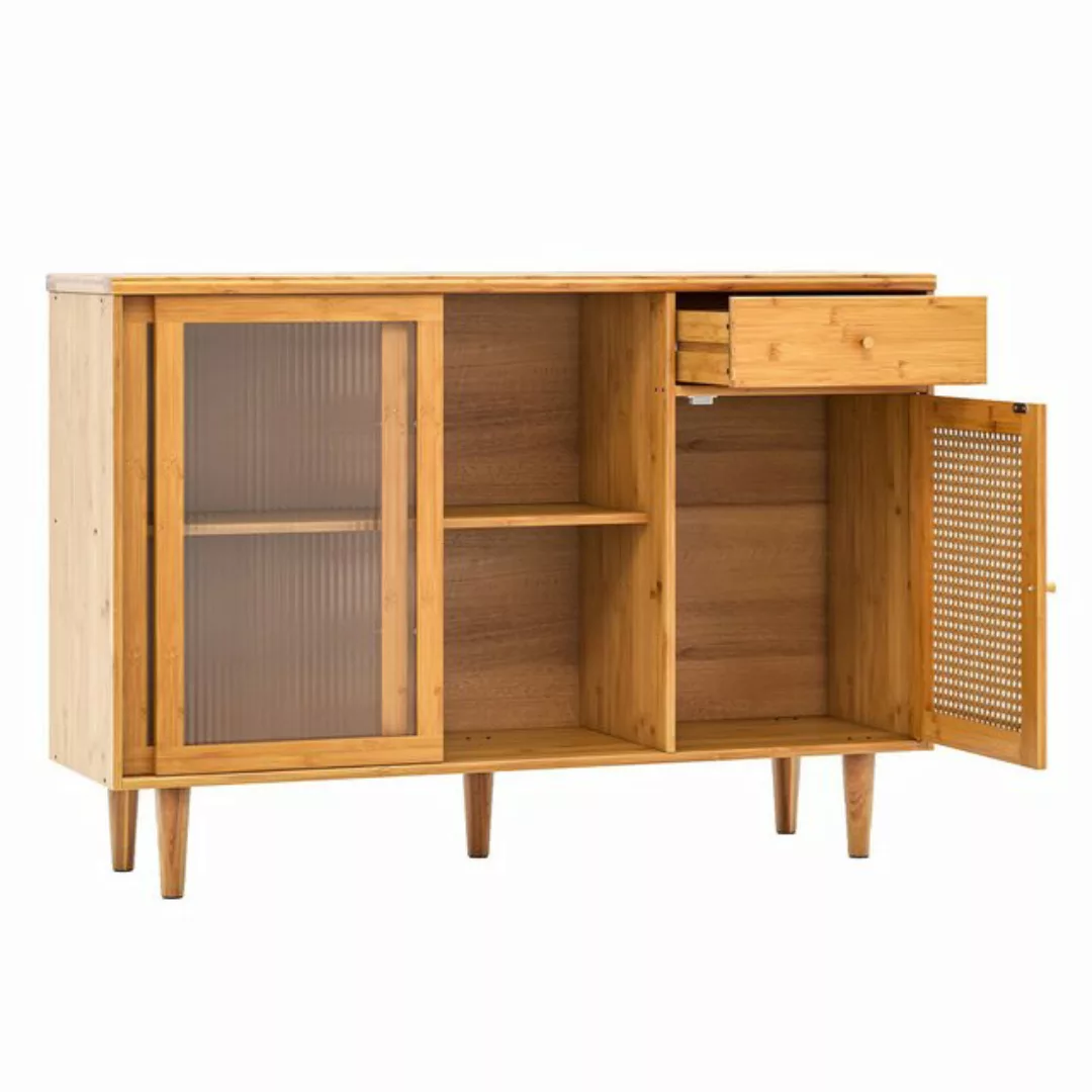 COSTWAY Küchenbuffet mit Glas Schiebetür, Rattantür & Schublade 120x35x83cm günstig online kaufen