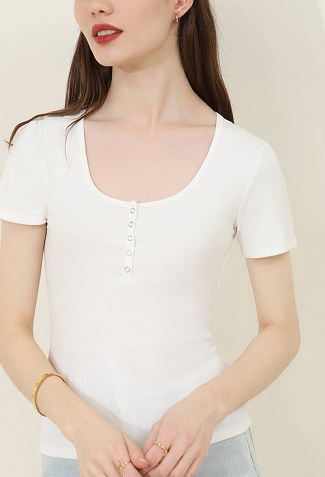 CHENIN Kurzarmhemd Damen Short Sleeve Button Down Square Neck T-Shirt Lässi günstig online kaufen
