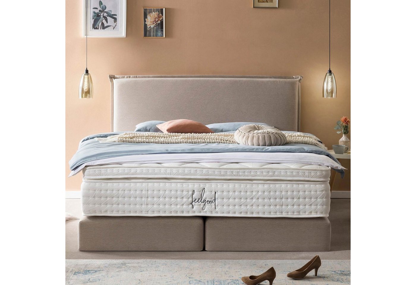 BettCo Boxspringbett London (in Beige Webstoff, 200 x 200 cm), Kopfteil mit günstig online kaufen