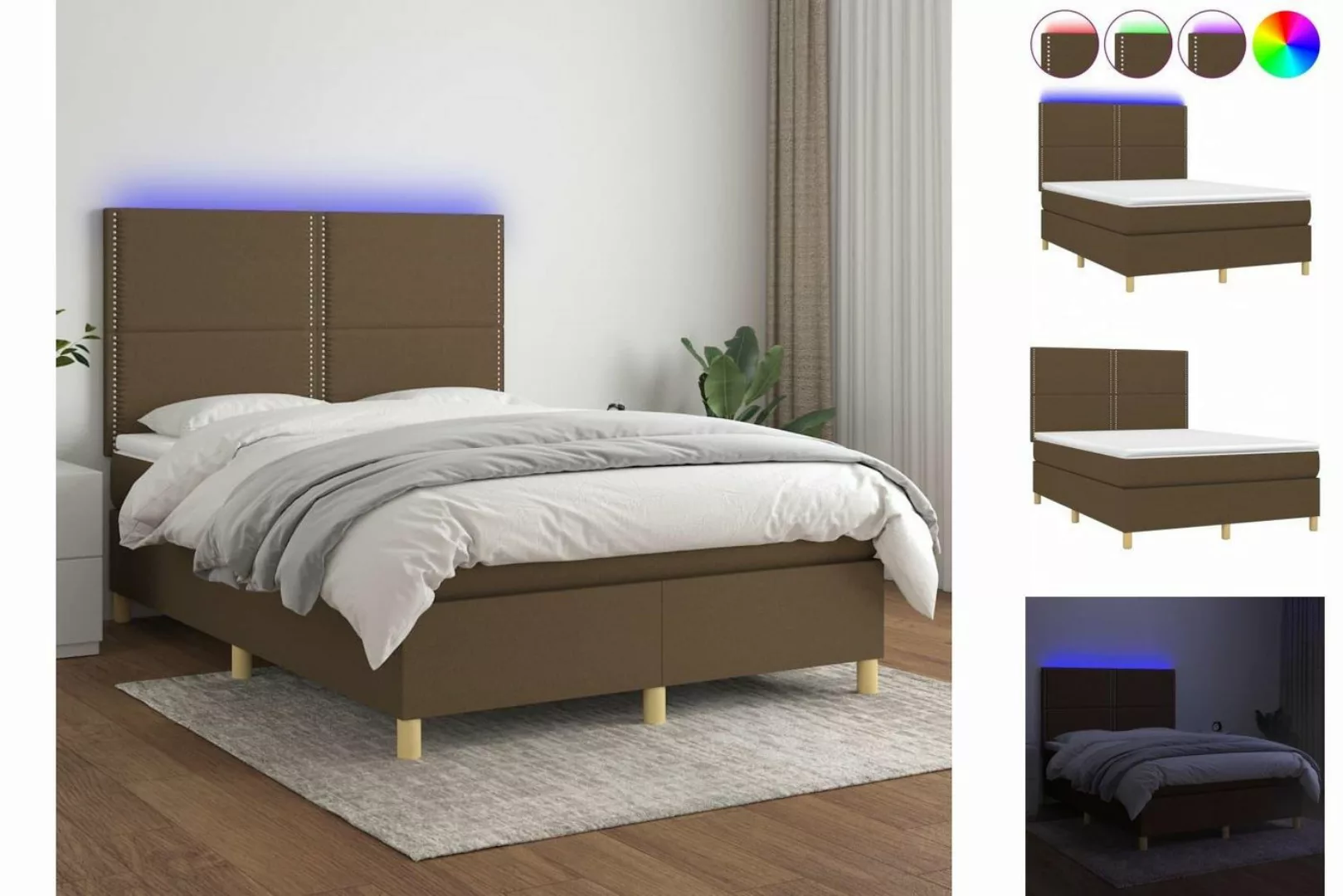 vidaXL Boxspringbett Boxspringbett mit Matratze LED Dunkelbraun 140x200 cm günstig online kaufen