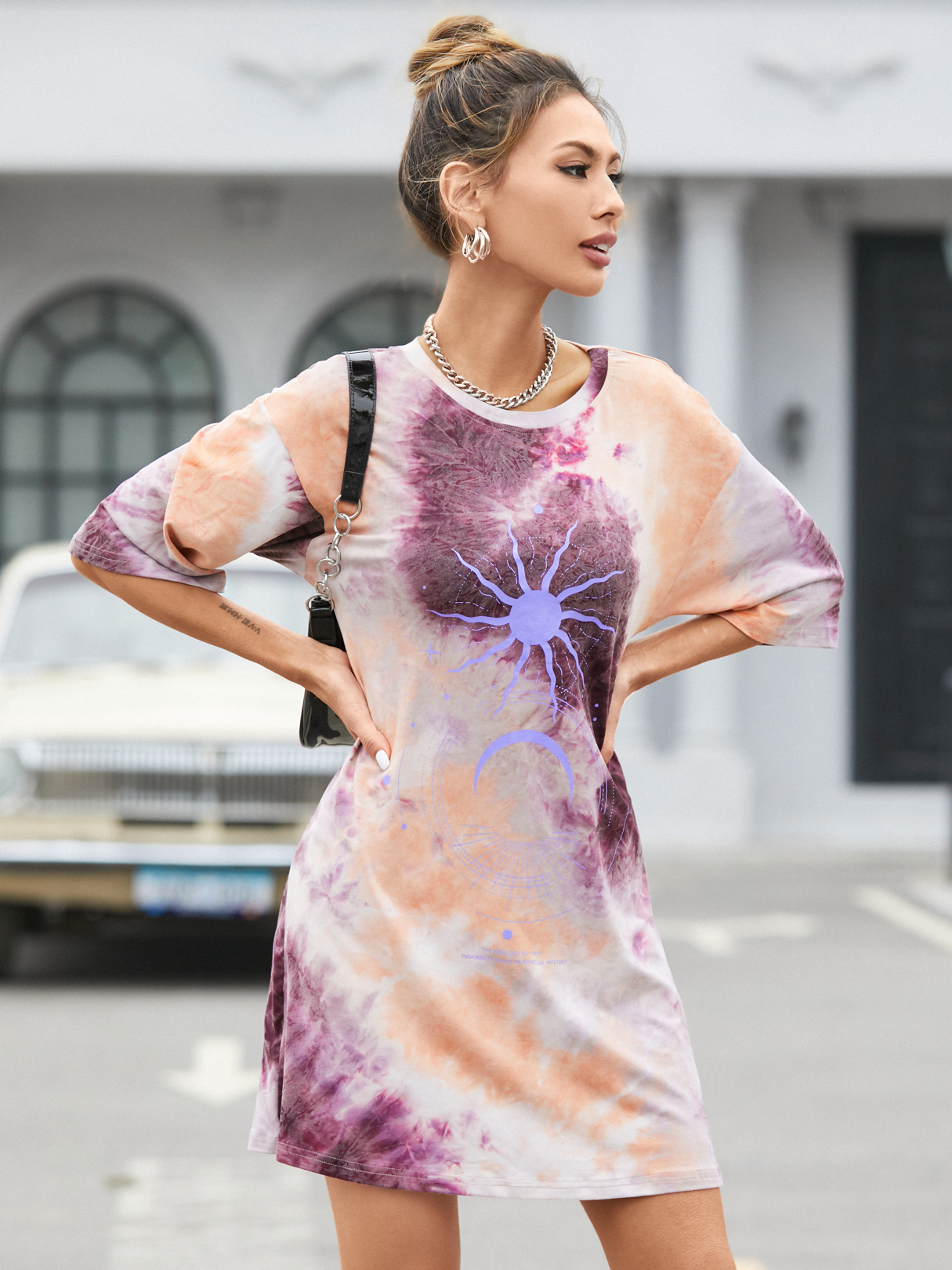 YOINS Rundhalsausschnitt Graphic Tie Dye Kurzarm Mini Kleid günstig online kaufen