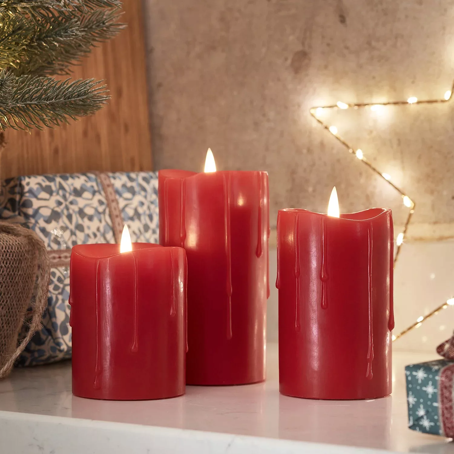 TruGlow® LED Kerzen Trio rot mit Wachstropfen günstig online kaufen