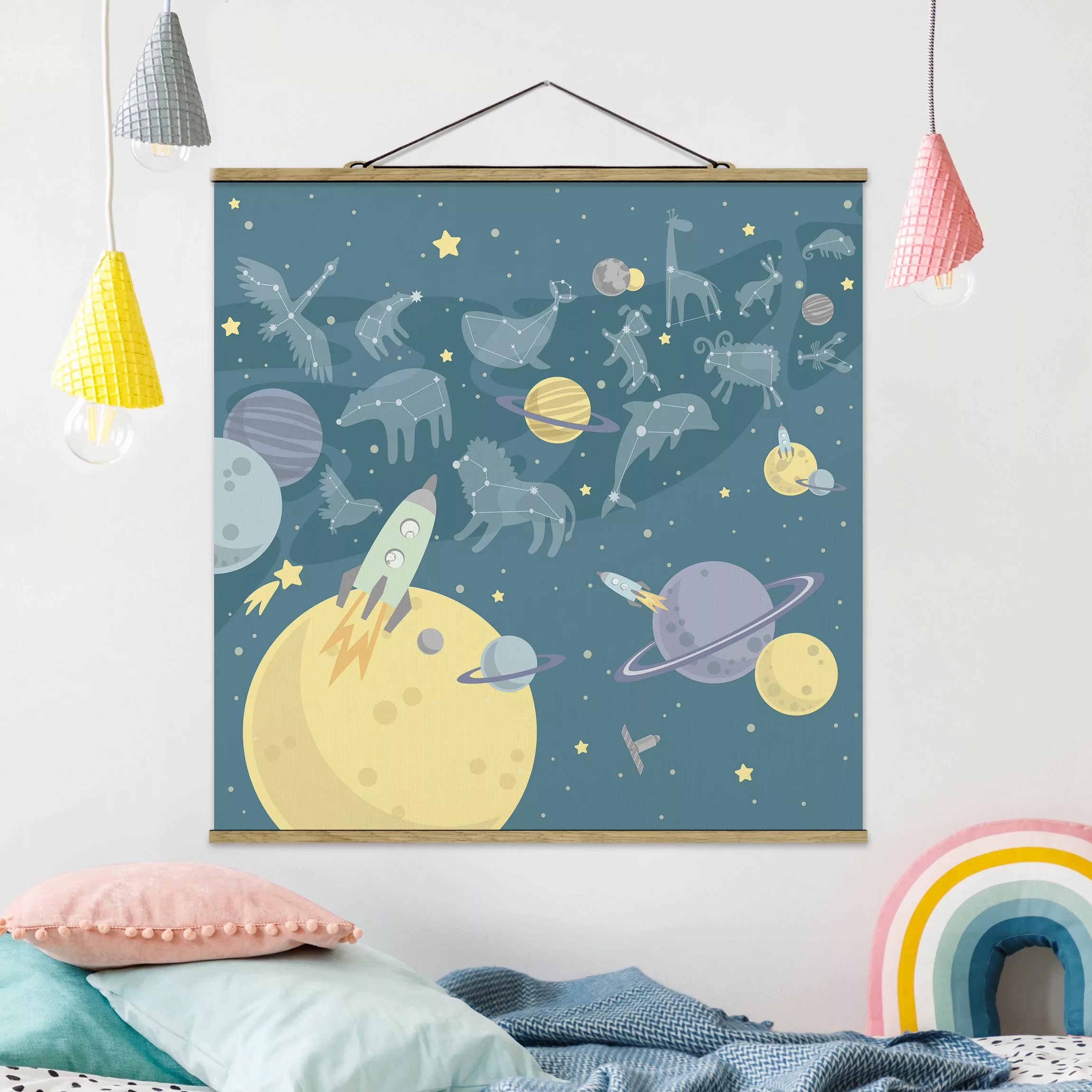Stoffbild Kinderzimmer mit Posterleisten - Quadrat Planeten mit Sternzeiche günstig online kaufen