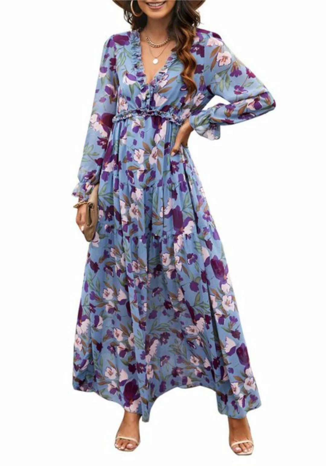 Mayou Druckkleid Damen Langekleid V Ausschnitt Maxikleid Hohe Taille Blumen günstig online kaufen