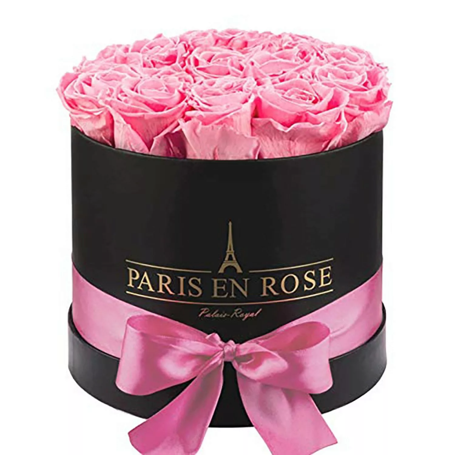 Rosenbox Ø 19 cm Schwarz mit Schleife und 14 Rosa Rosen günstig online kaufen