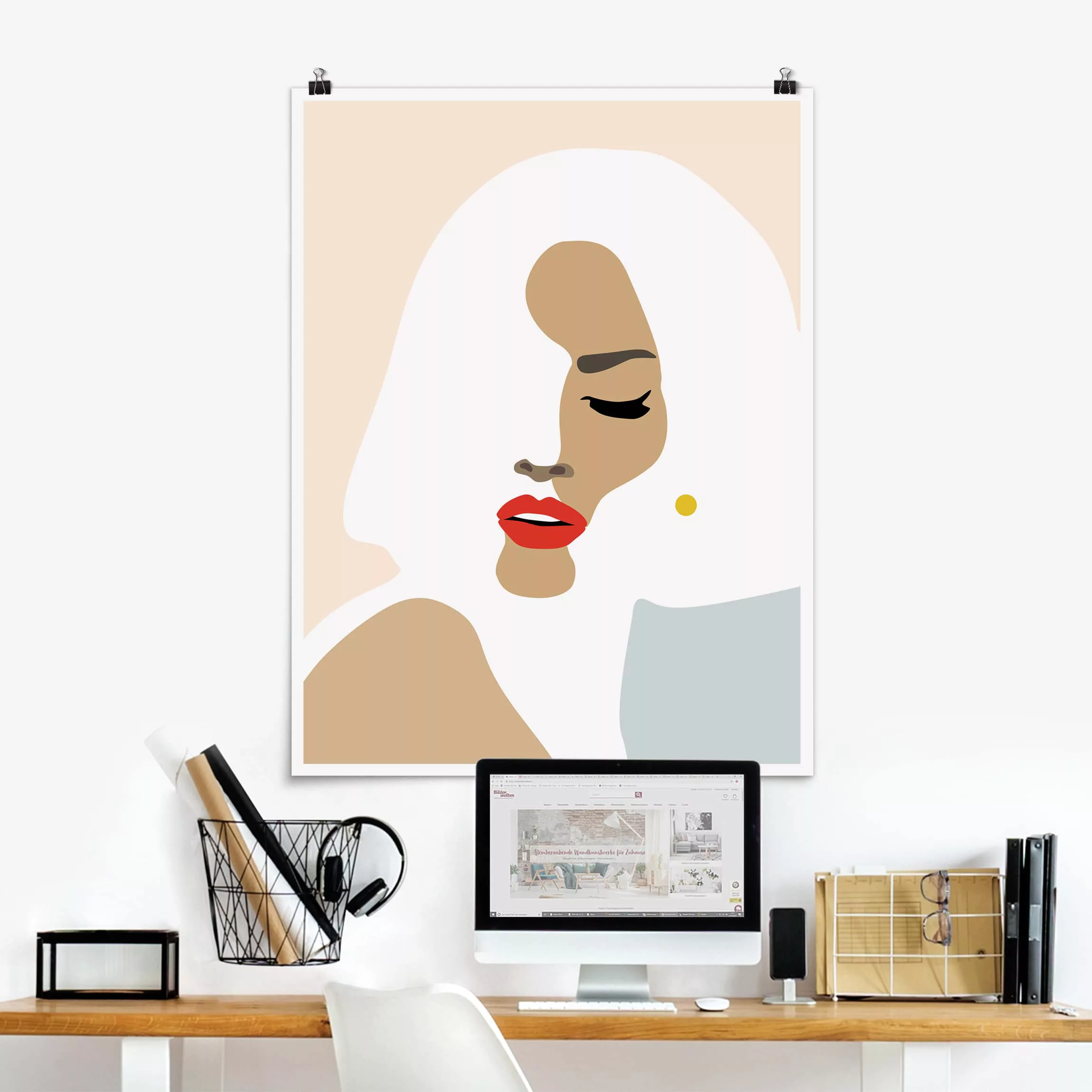 Poster Portrait - Hochformat Line Art Portrait Frau Pastell Beige günstig online kaufen