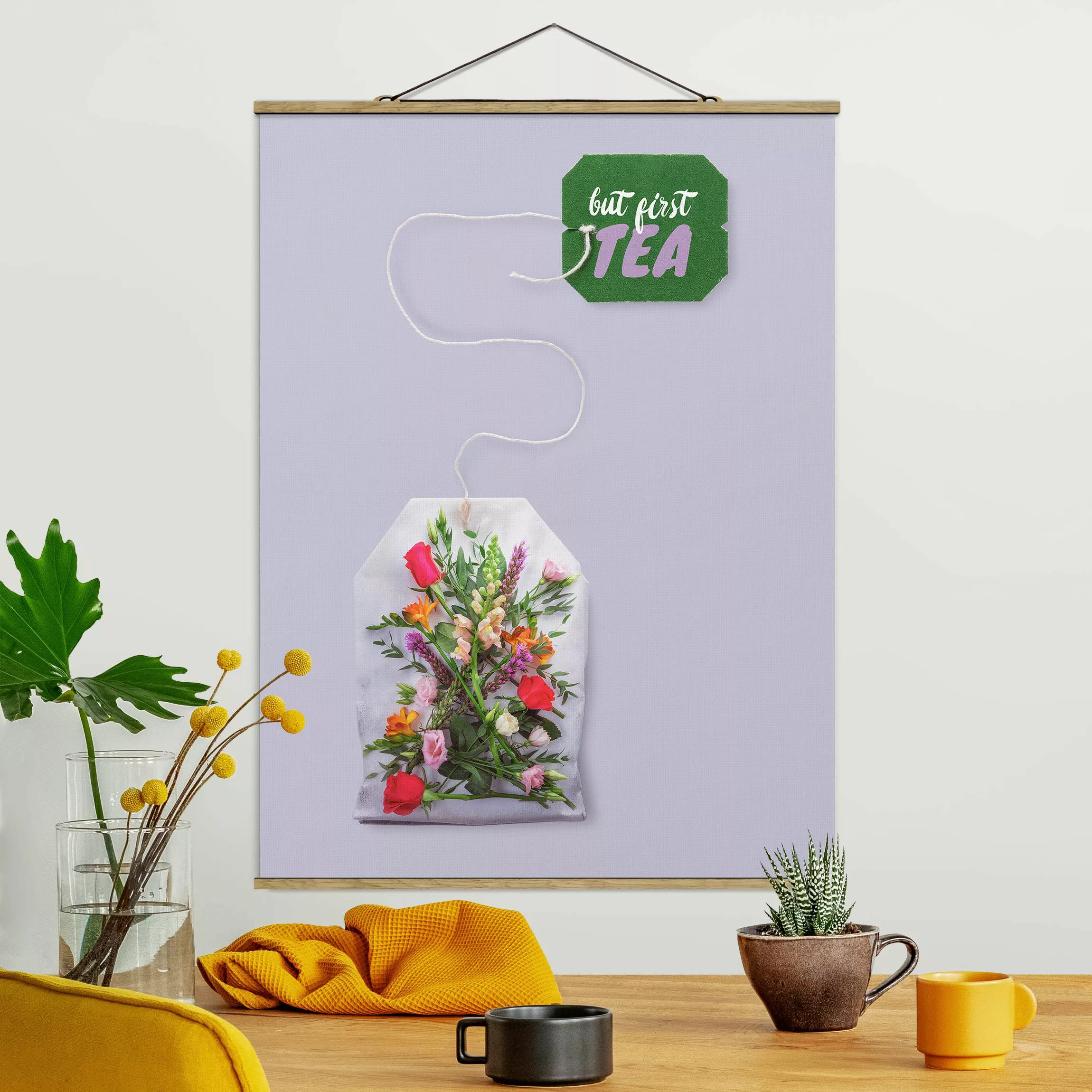 Stoffbild Blumen mit Posterleisten - Hochformat Blumentee günstig online kaufen
