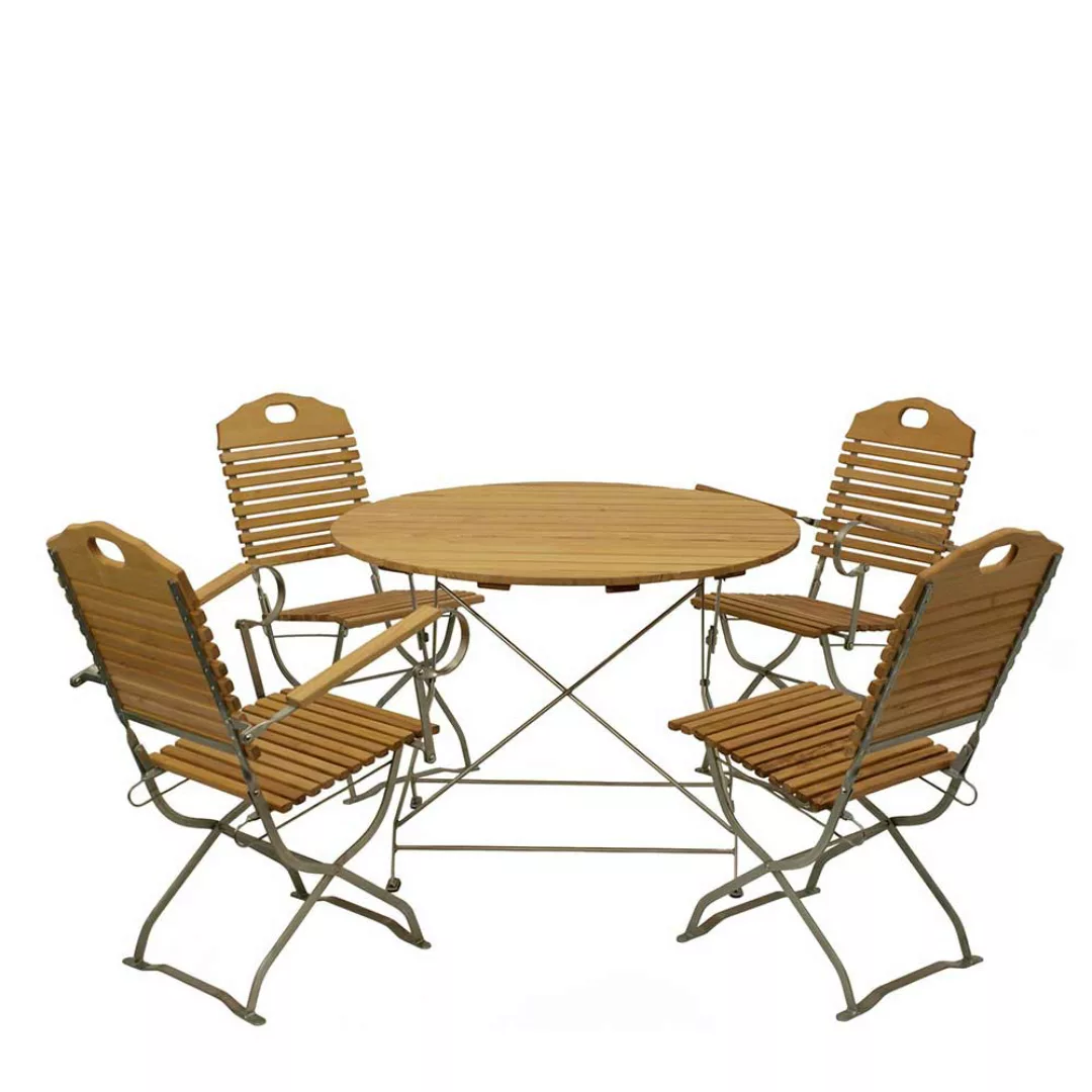 Gartentischgruppe aus Robinie Massivholz und Stahl rundem Tisch (fünfteilig günstig online kaufen