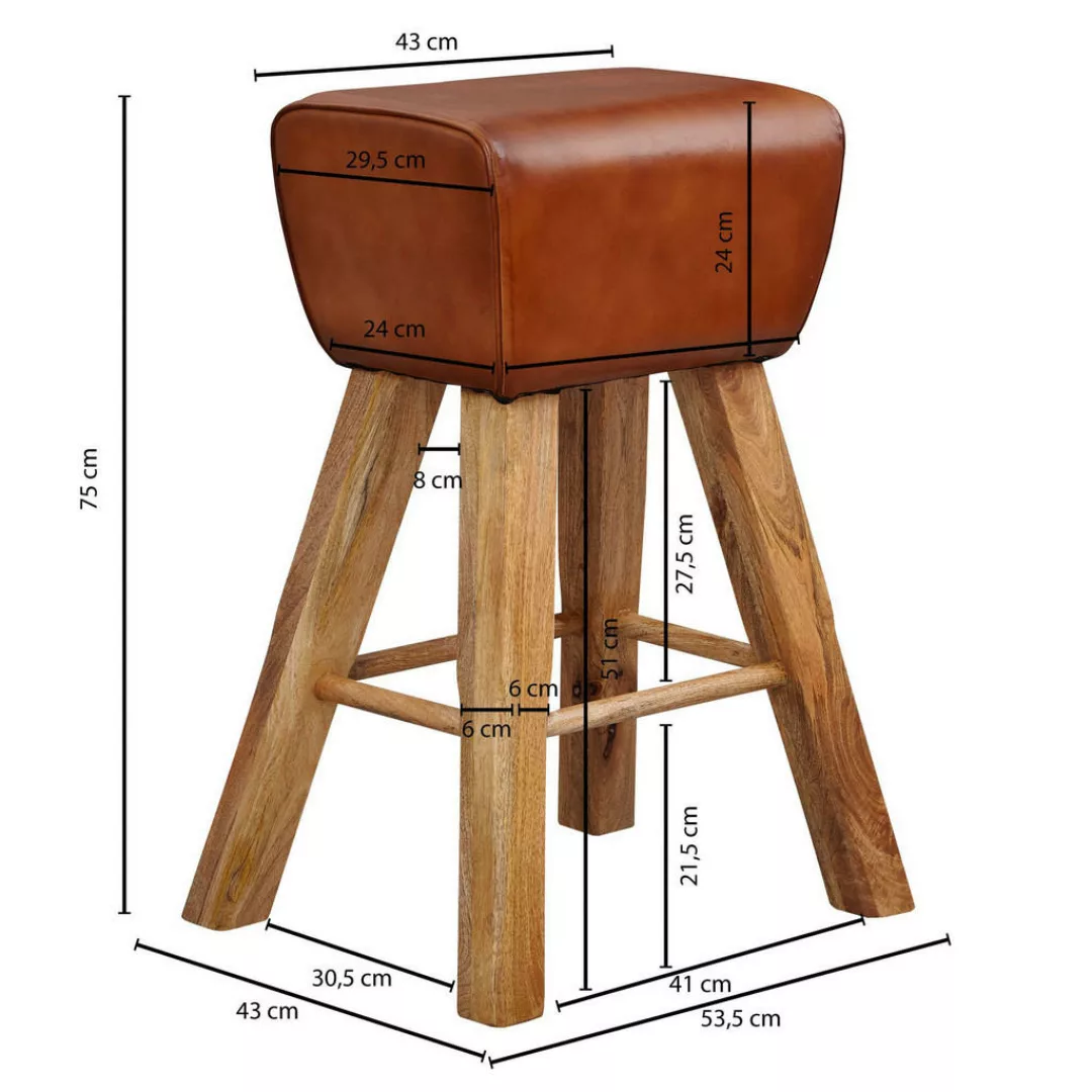 Barhocker Turnbock 43x75x43 cm Mango Massivholz / Echtleder | Design Barstu günstig online kaufen