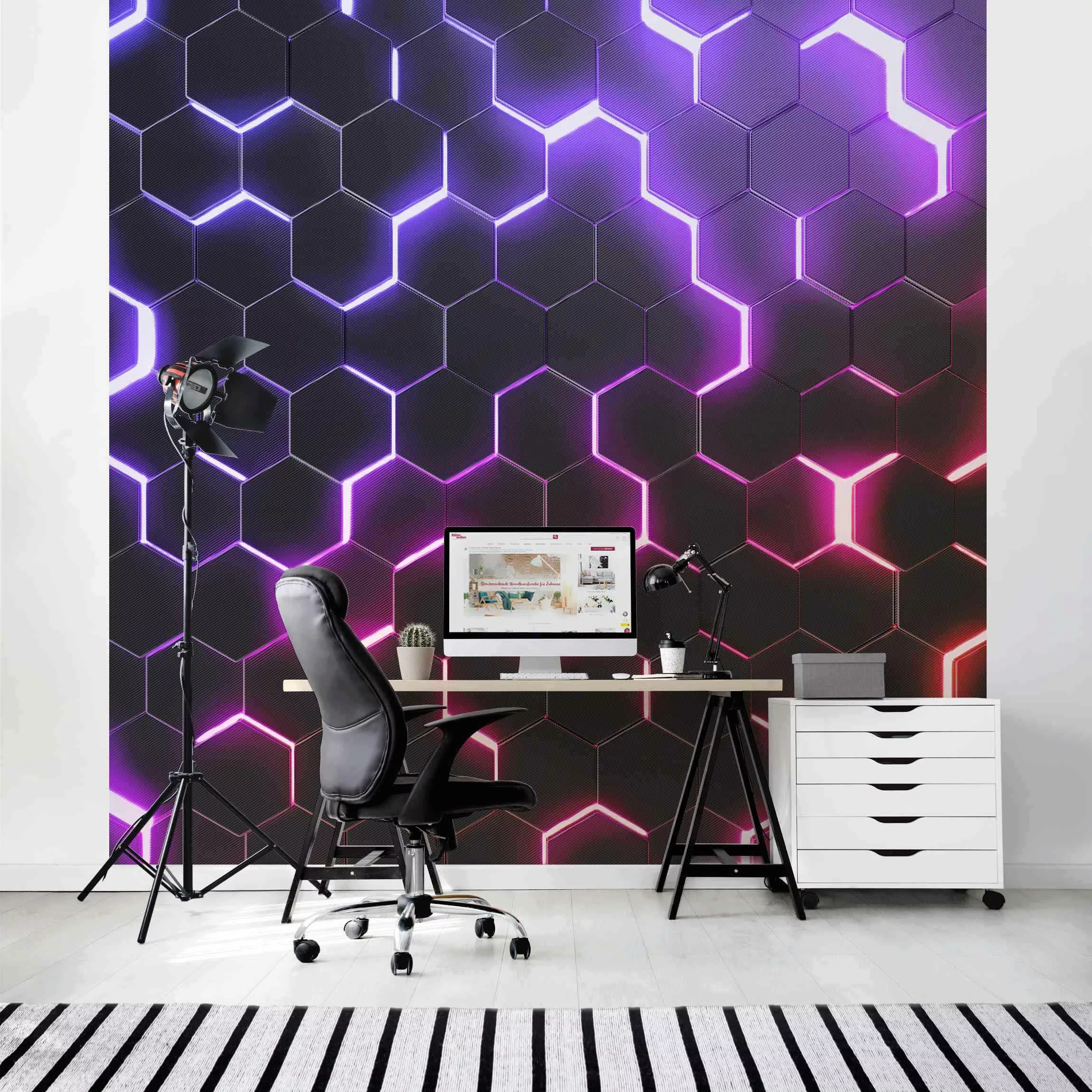 Fototapete Strukturierte Hexagone mit Neonlicht in Rosa und Lila günstig online kaufen