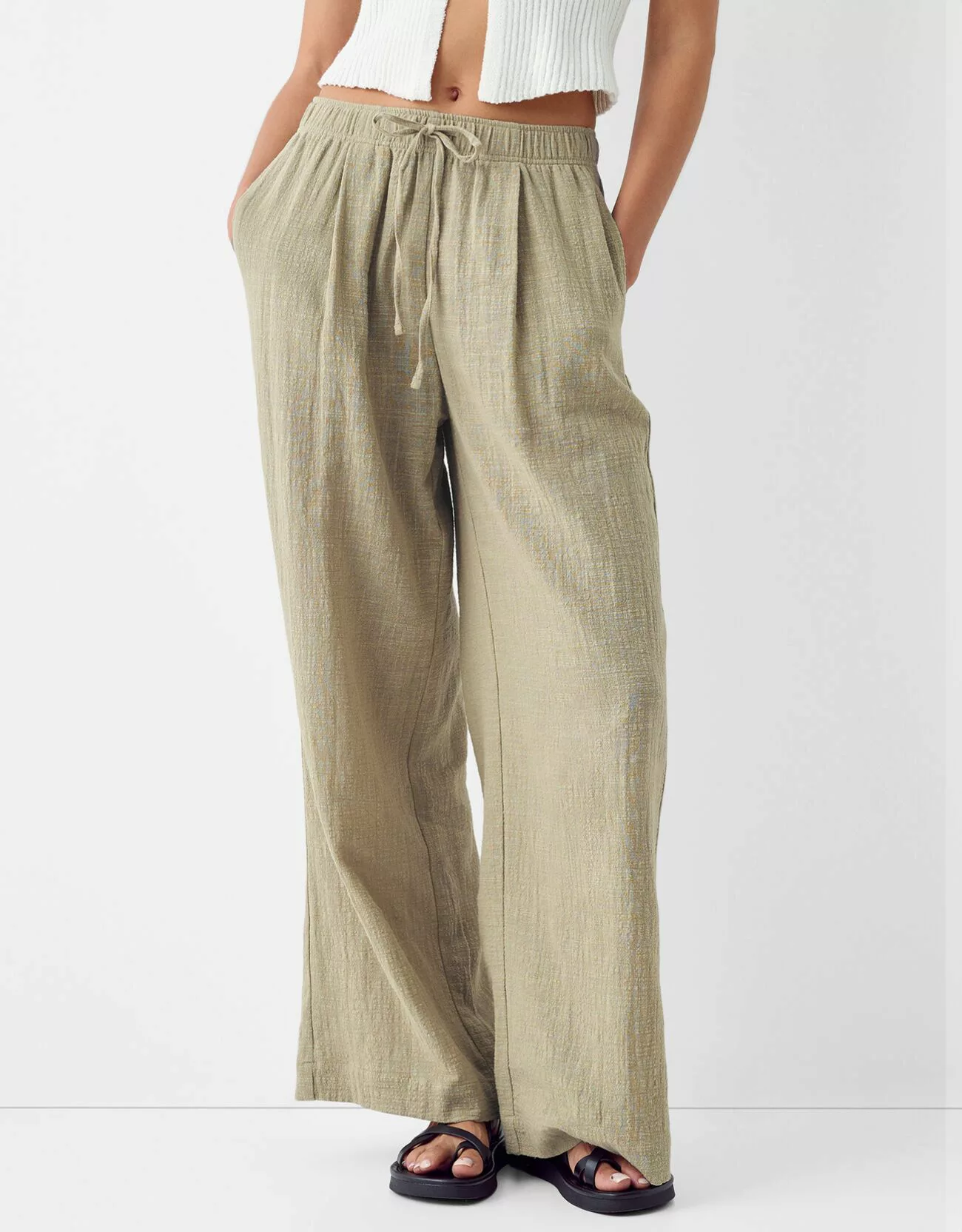 Bershka Rustikale Wide-Leg-Hose Damen S Khaki günstig online kaufen