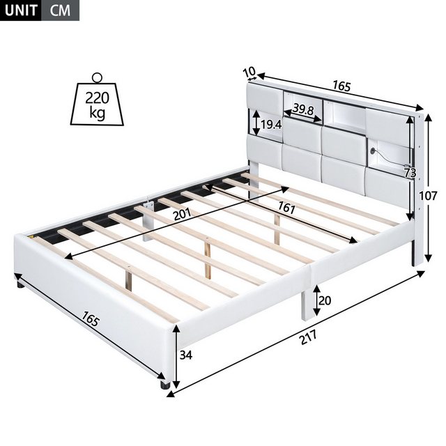 Flieks Polsterbett, LED Beleuchtung Stauraumbett mit USB-Anschluss 160x200c günstig online kaufen