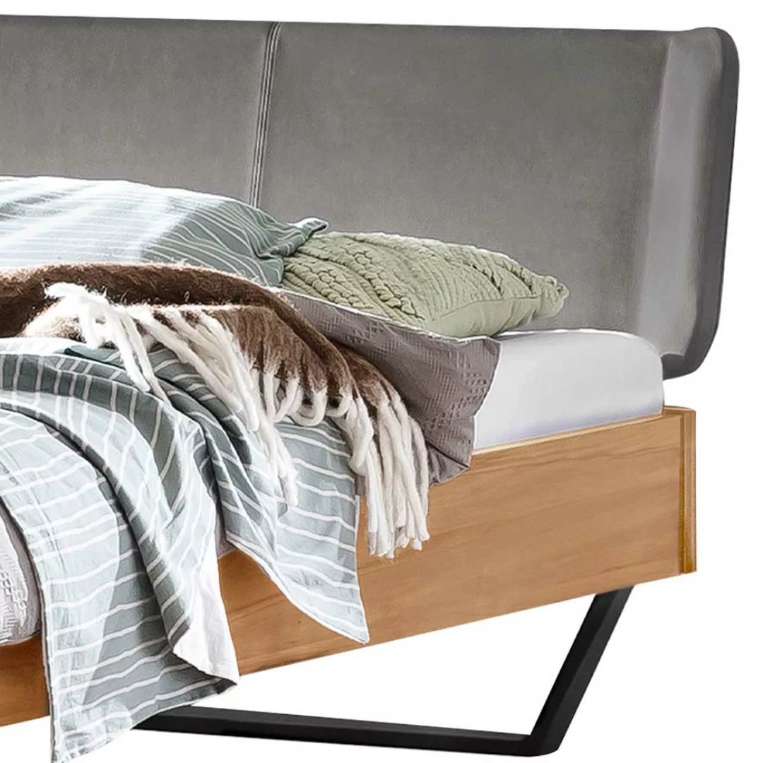 Holz Bett 140x200 mit Bügeln aus Wildbuche Massivholz Stahl günstig online kaufen