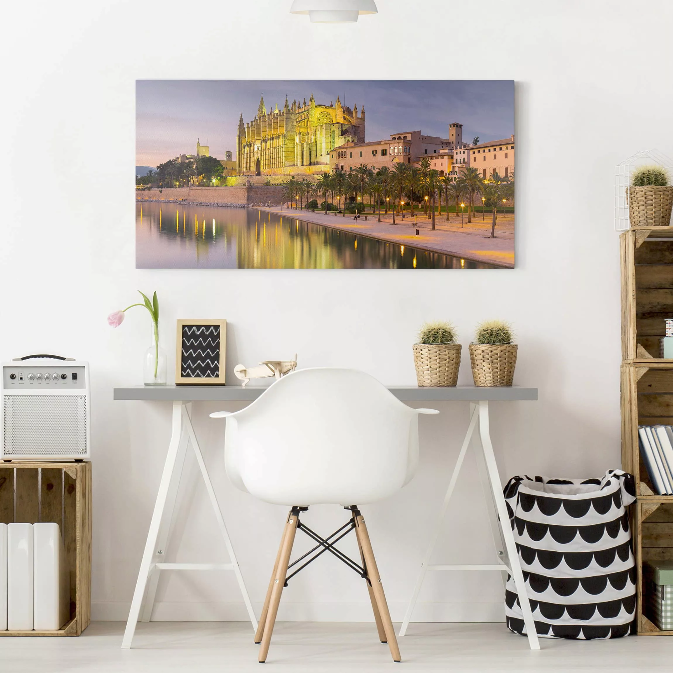 Leinwandbild Architektur & Skyline - Quadrat Catedral de Mallorca Wasserspi günstig online kaufen