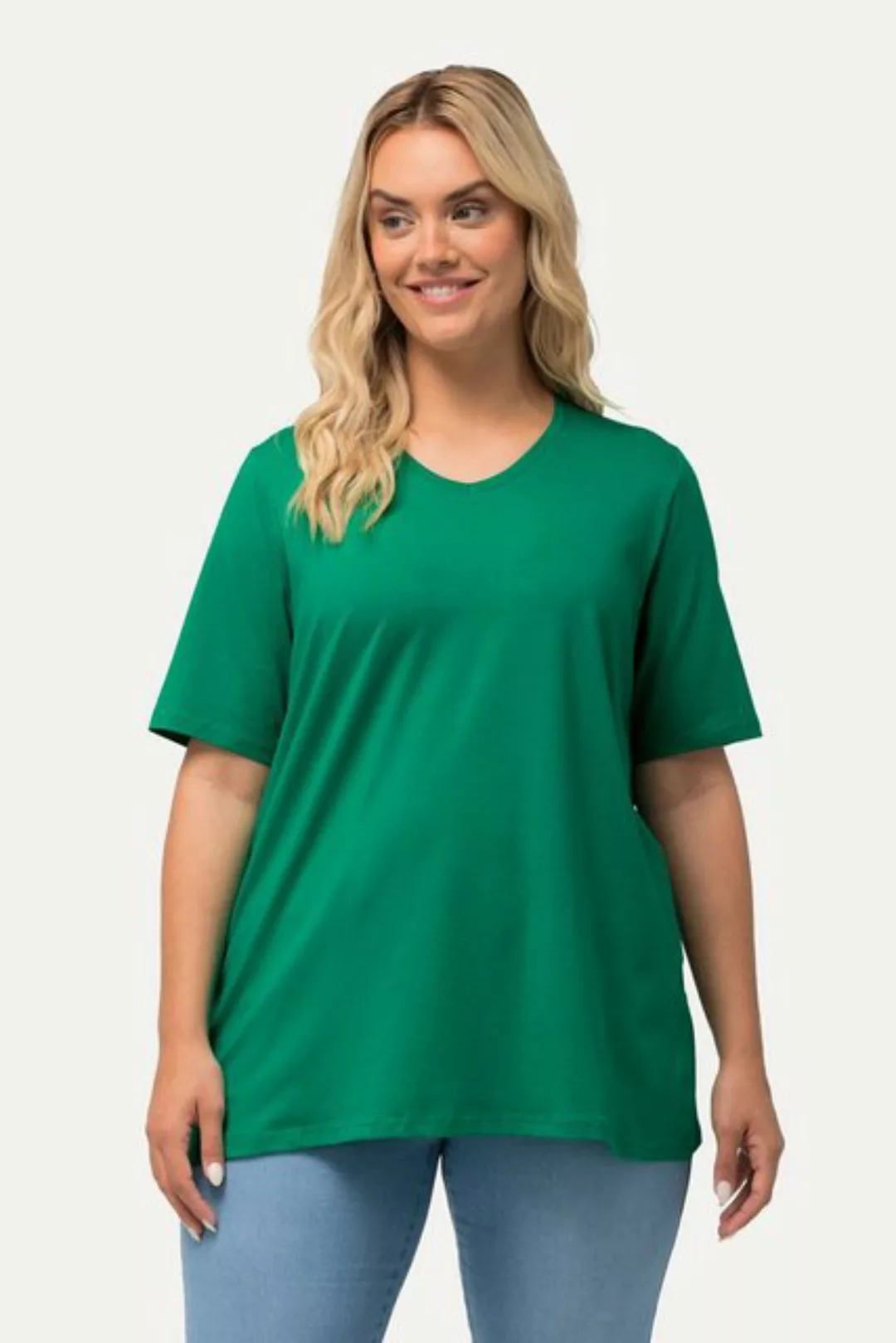 Ulla Popken Rundhalsshirt T-Shirt A-Linie V-Ausschnitt Halbarm günstig online kaufen