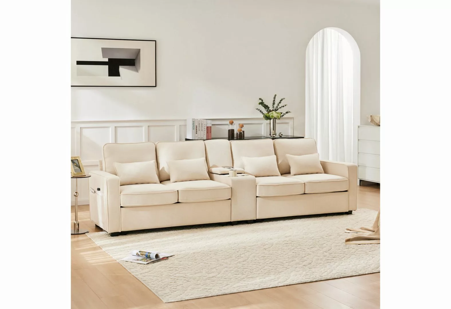 REDOM Sofa Schlafsofa, 4-Sitzer-Sofa aus Leinenstoff, mit Konsole, 2 Geträn günstig online kaufen